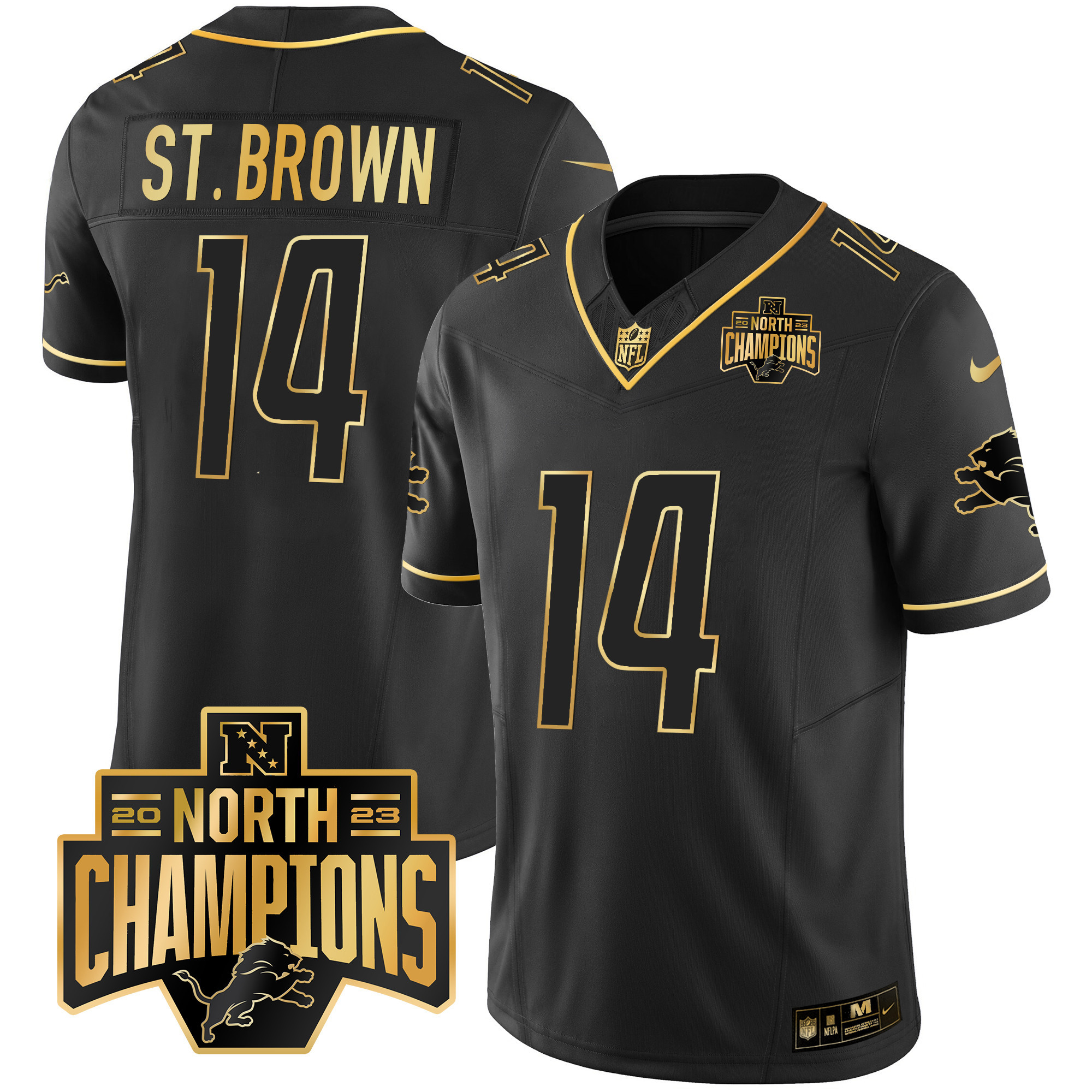 St. Brown Men's Detroit Lions 2023 NFC North Division Champions Patch Vapor Gold Black Gold Jersey - All Stitched 