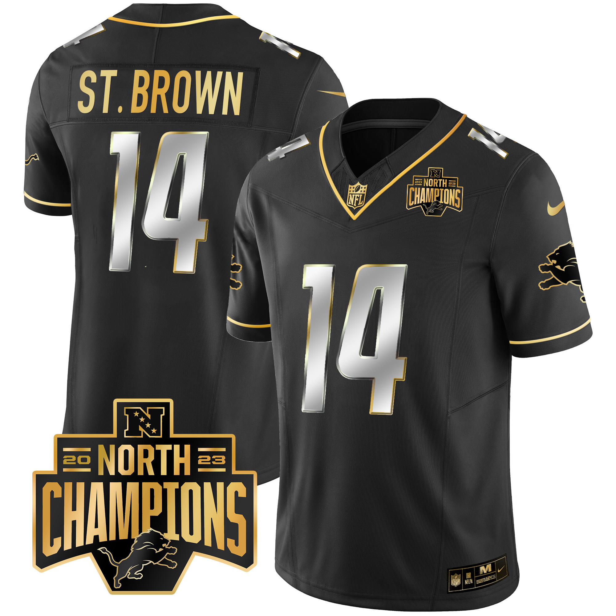 St. Brown Men's Detroit Lions 2023 NFC North Division Champions Patch Vapor Gold Black Limited Jersey - All Stitched 