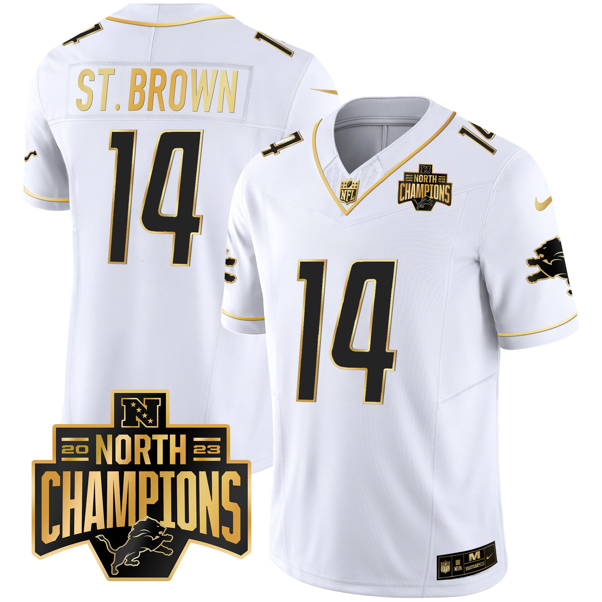 St. Brown Men's Detroit Lions 2023 NFC North Division Champions Patch Vapor Gold White Gold Jersey - All Stitched 