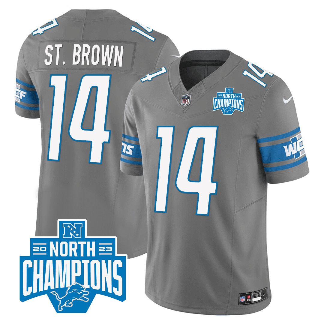 St. Brown Men's Detroit Lions 2023 NFC North Division Champions Patch Vapor Gray Jersey - All Stitched 