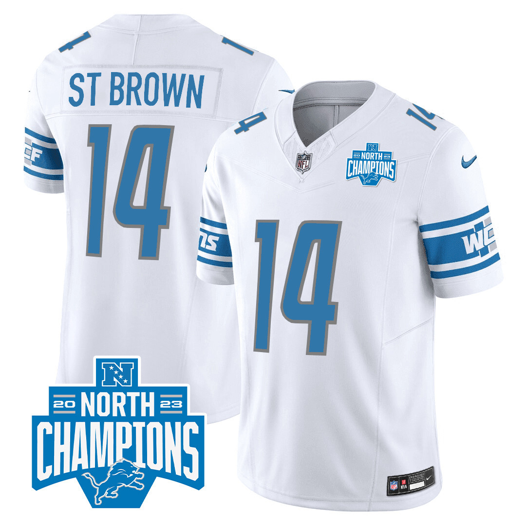 St. Brown Men's Detroit Lions 2023 NFC North Division Champions Patch Vapor White Jersey - All Stitched 