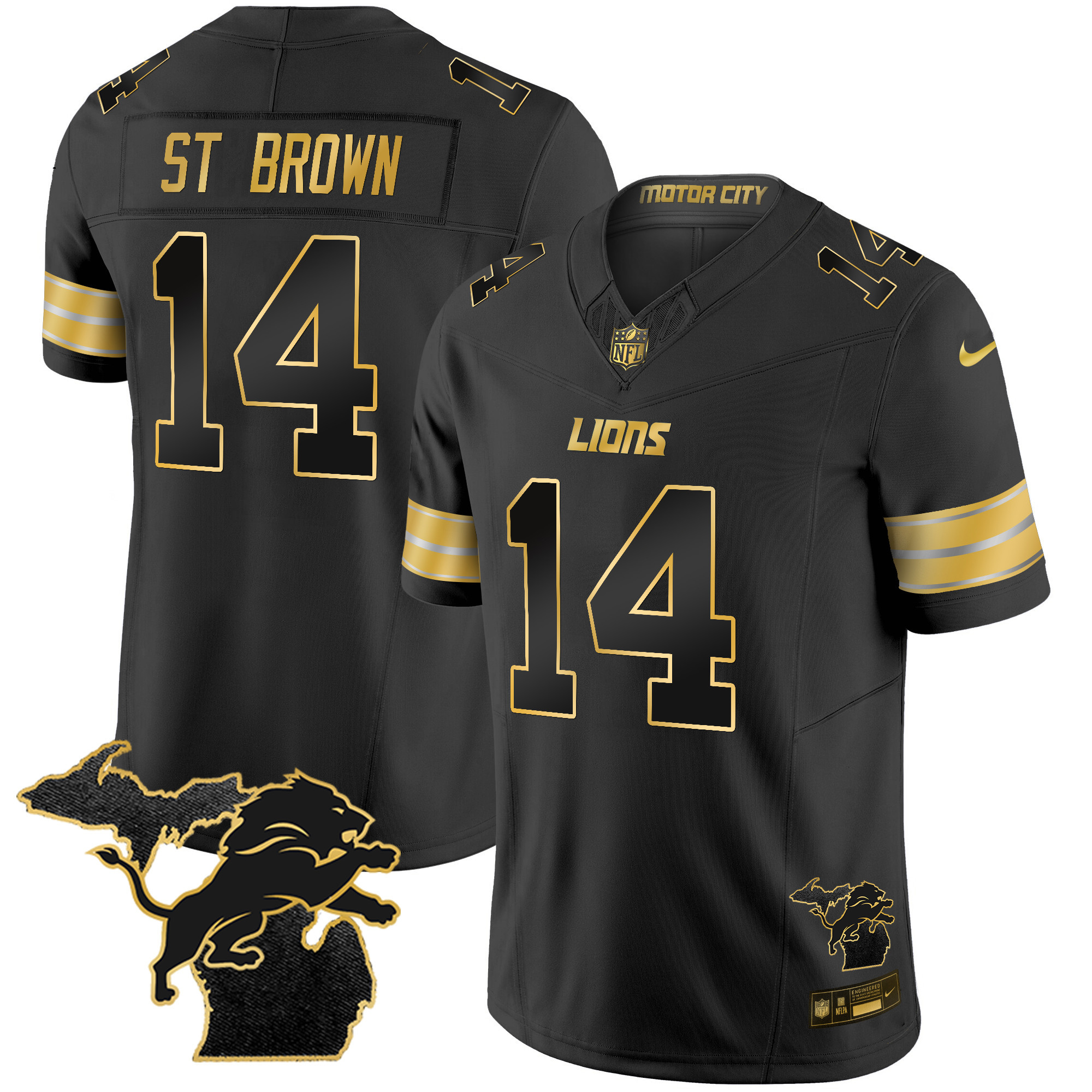 St. Brown Men's Detroit Lions 2024 Michigan Patch Gold Vapor Black Gold Jersey - All Stitched 