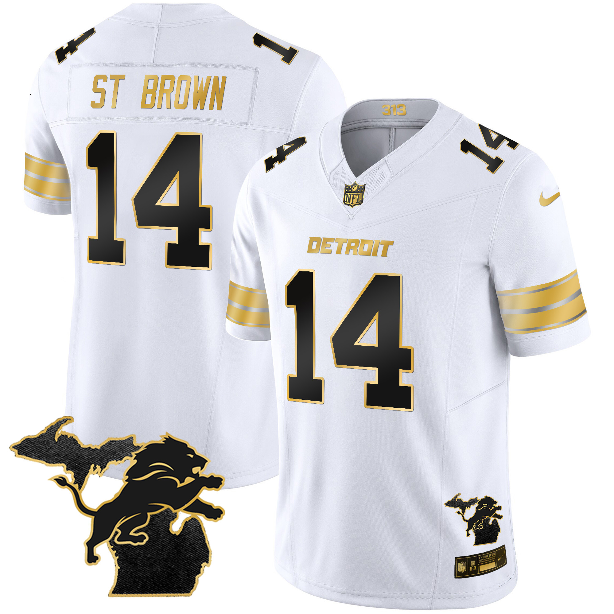St. Brown Men's Detroit Lions 2024 Michigan Patch Gold Vapor White Gold Jersey - All Stitched 