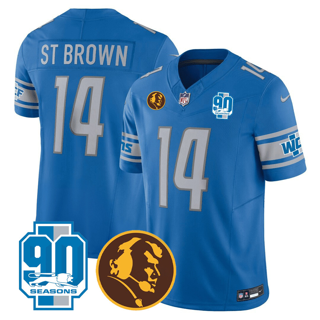 St. Brown Men's Detroit Lions 90th & John Madden Patch Blue Jersey - All Stitched 