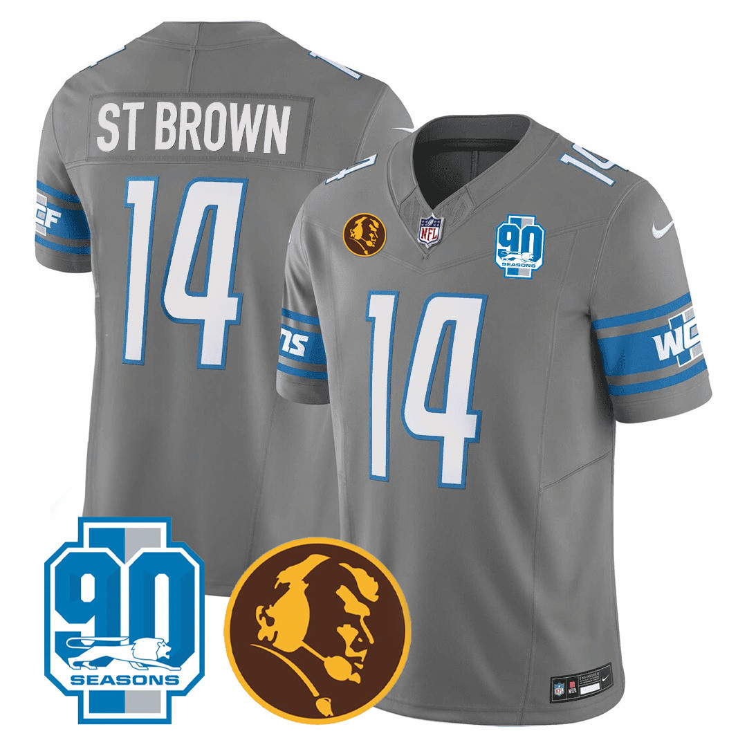 St. Brown Men's Detroit Lions 90th & John Madden Patch Gray Jersey - All Stitched 