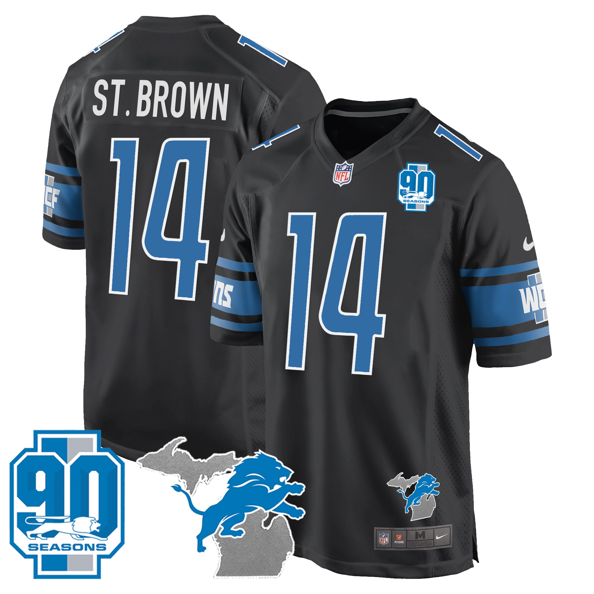St. Brown Men's Detroit Lions 90th Year & Michigan Patch Game Black Jersey - All Stitched 