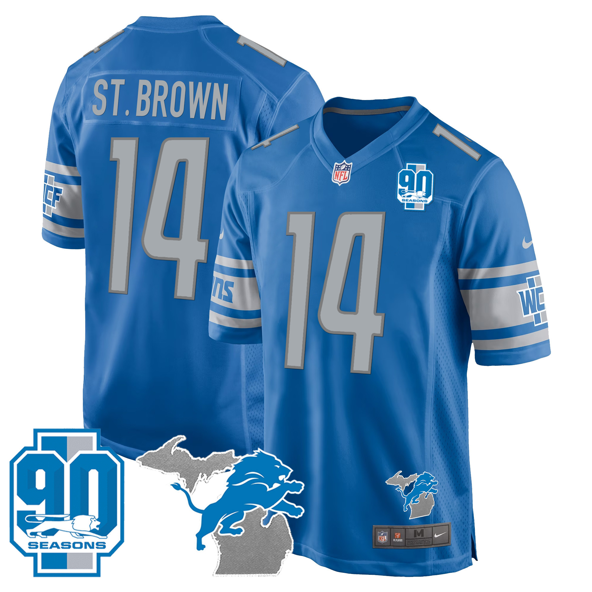 St. Brown Men's Detroit Lions 90th Year & Michigan Patch Game Blue Jersey - All Stitched 