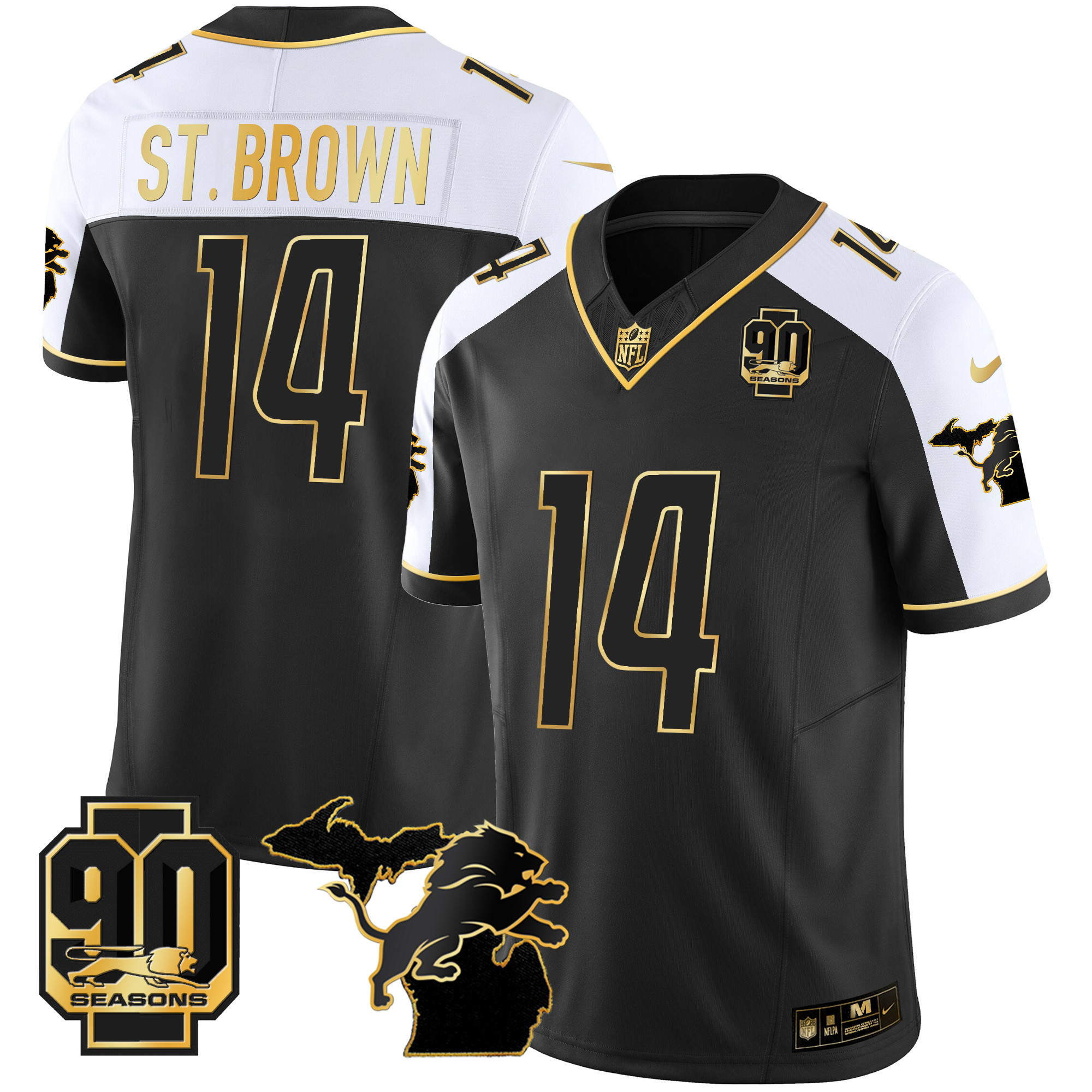 St. Brown Men's Detroit Lions 90th Year & Michigan Patch Gold Vapor Alternate Jersey - All Stitched 