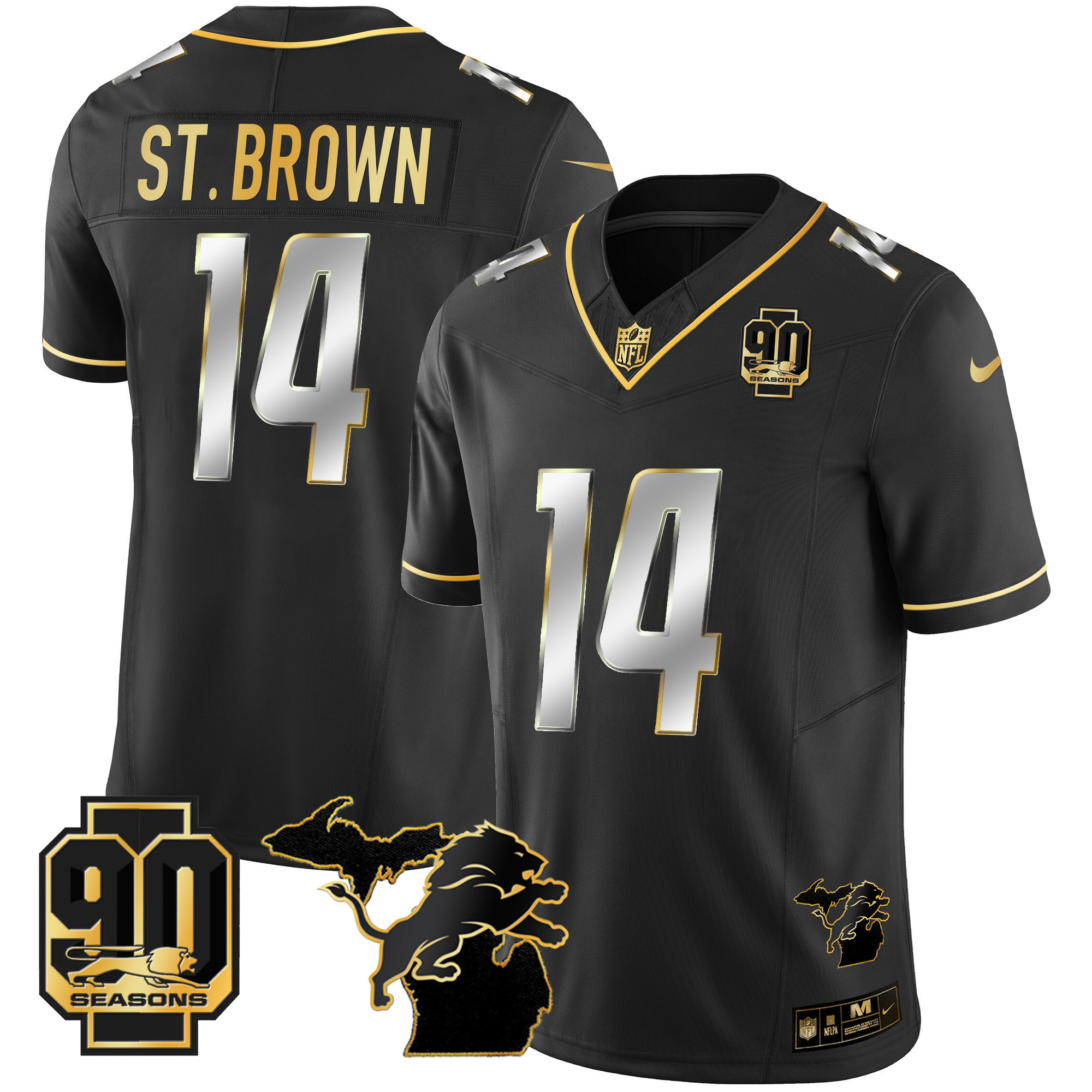 St. Brown Men's Detroit Lions 90th Year & Michigan Patch Gold Vapor Black Limited Jersey - All Stitched 