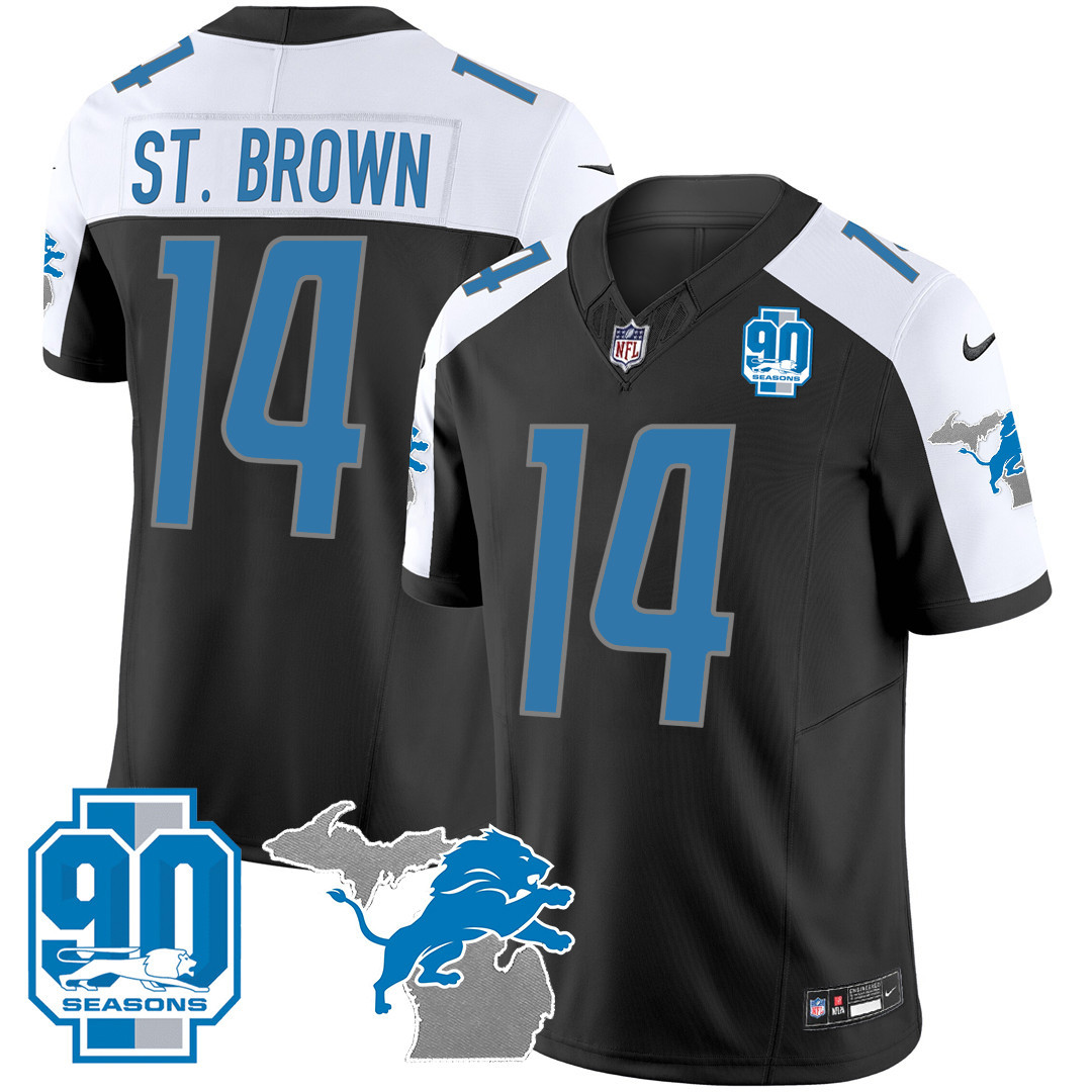 St. Brown Men's Detroit Lions 90th Year & Michigan Patch Vapor Black Alternate Jersey - All Stitched 