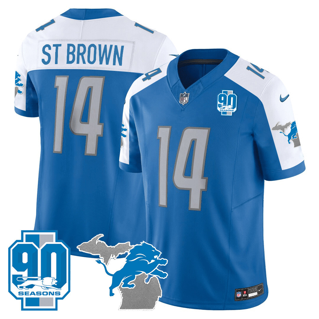 St. Brown Men's Detroit Lions 90th Year & Michigan Patch Vapor Blue Alternate Jersey - All Stitched 
