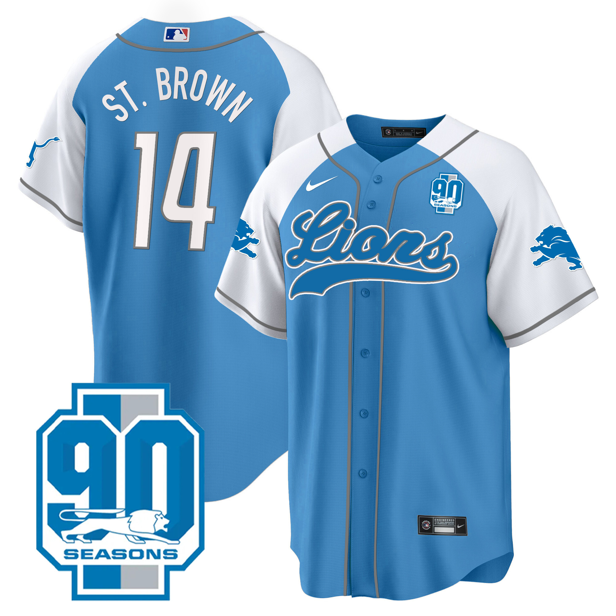 St. Brown Men's Detroit Lions 90th Year Patch Baseball Blue Alternate Jersey - All Stitched 