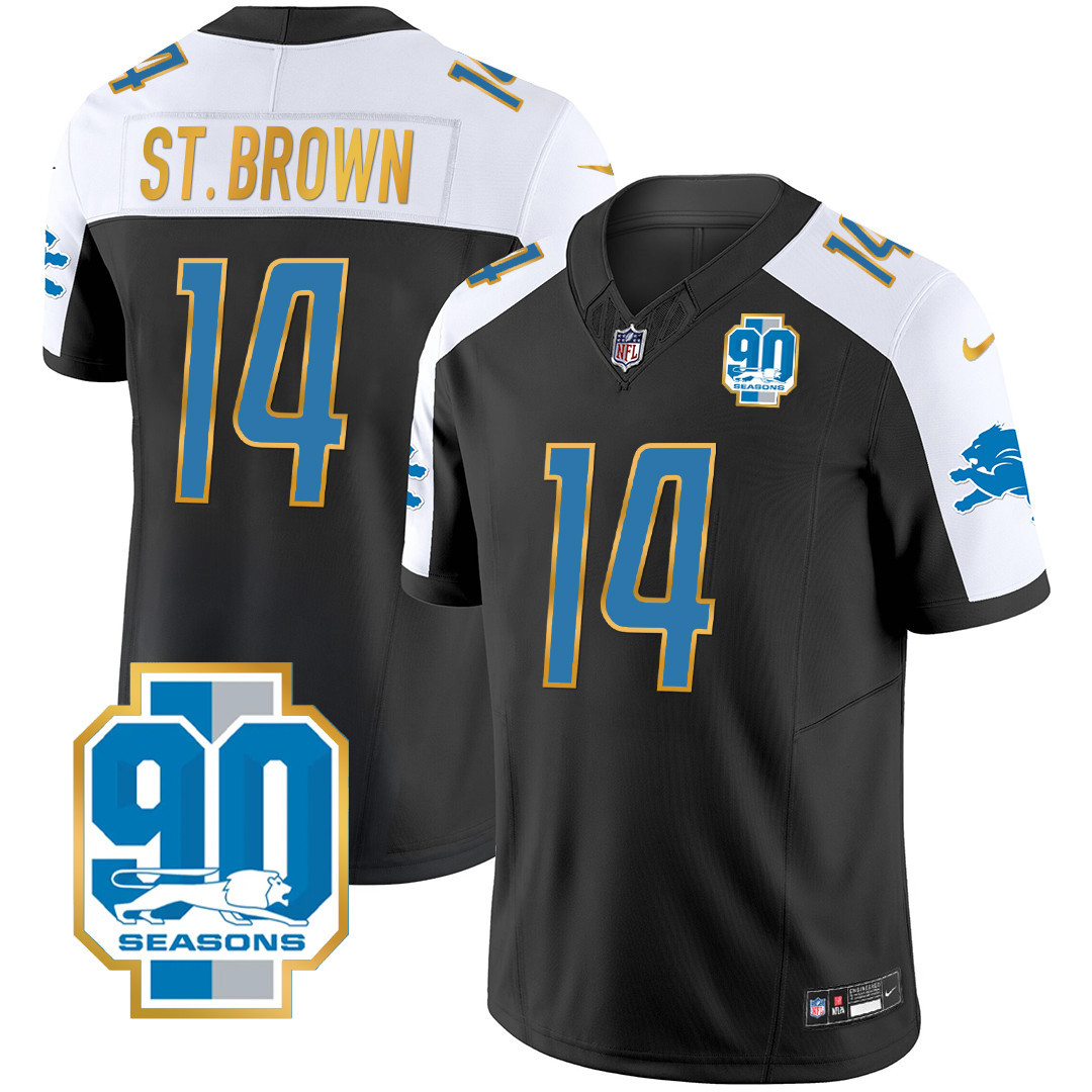 St. Brown Men's Detroit Lions 90th Year Patch Gold Trim Black Alternate Jersey - All Stitched 