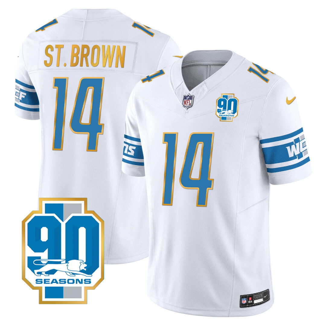 St. Brown Men's Detroit Lions 90th Year Patch Gold Trim White Jersey - All Stitched 