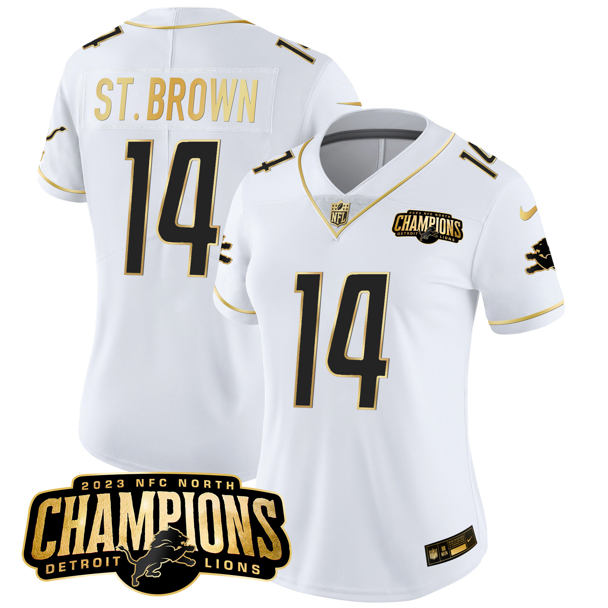 St. Brown Women's Detroit Lions 2023 NFC North Champions Patch Gold Vapor White Gold Jersey - All Stitched 