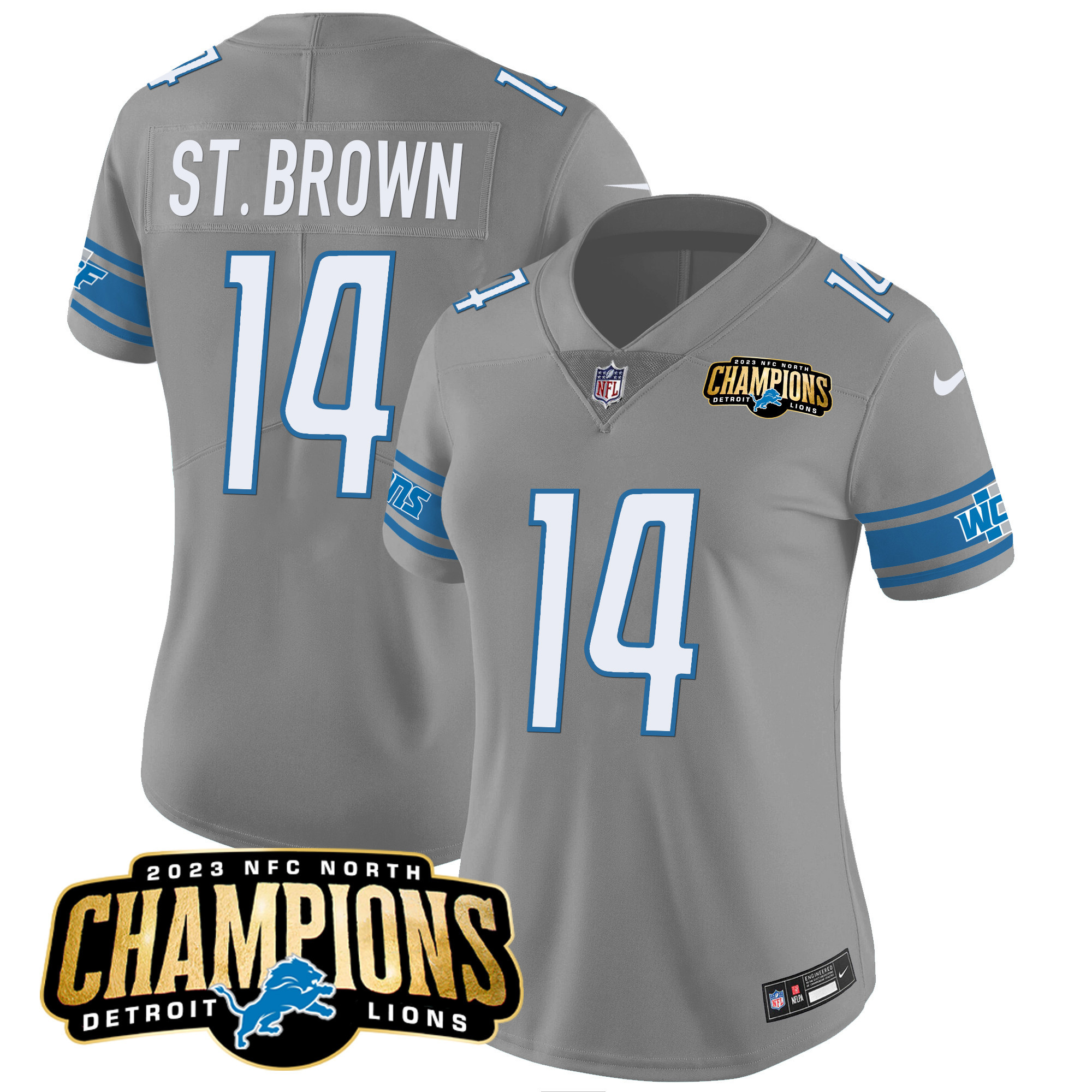 St. Brown Women's Detroit Lions 2023 NFC North Champions Patch Vapor Gray Jersey - All Stitched 