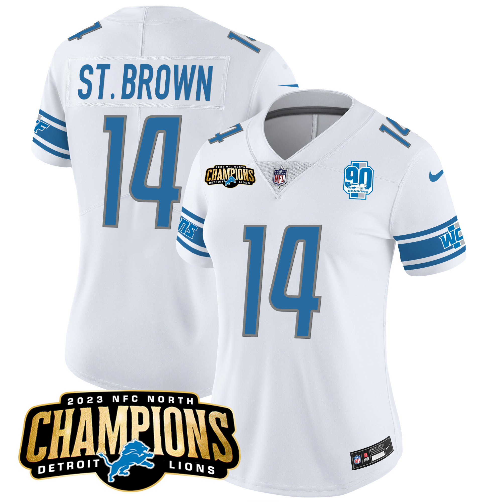 St. Brown Women's Detroit Lions 2023 NFC North Champions Patch Vapor White Jersey - All Stitched 