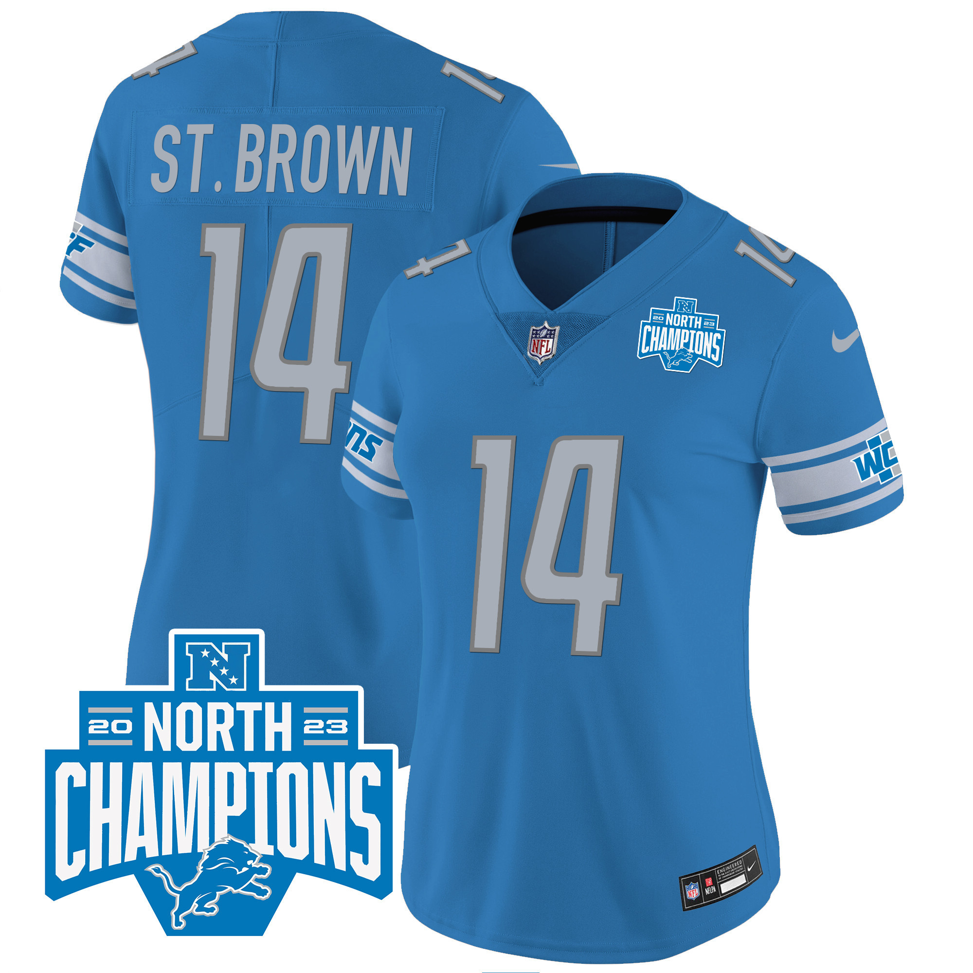 St. Brown Women's Detroit Lions 2023 NFC North Division Champions Patch Vapor Blue Jersey - All Stitched 