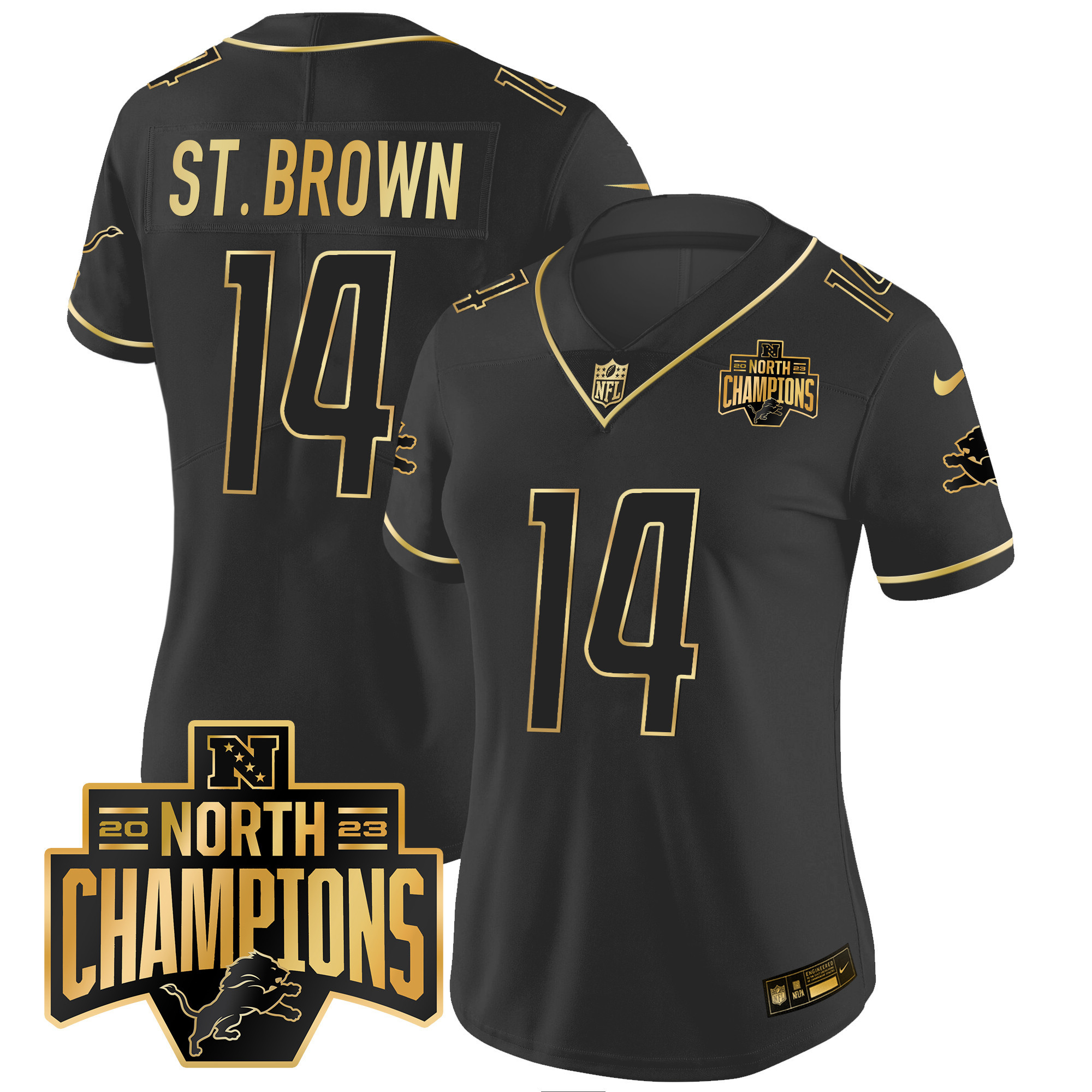 St. Brown Women's Detroit Lions 2023 NFC North Division Champions Patch Vapor Gold Black Gold Jersey - All Stitched 