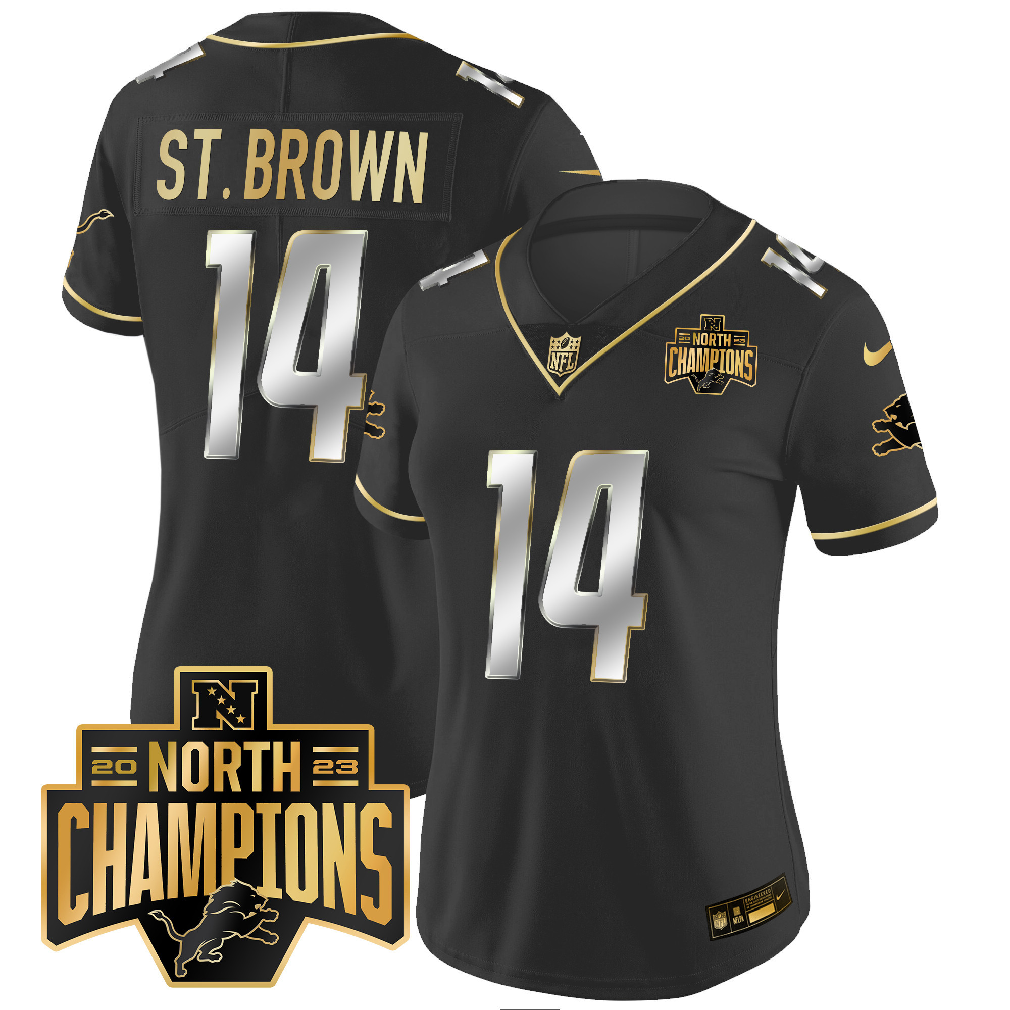 St. Brown Women's Detroit Lions 2023 NFC North Division Champions Patch Vapor Gold Black Limited Jersey - All Stitched 
