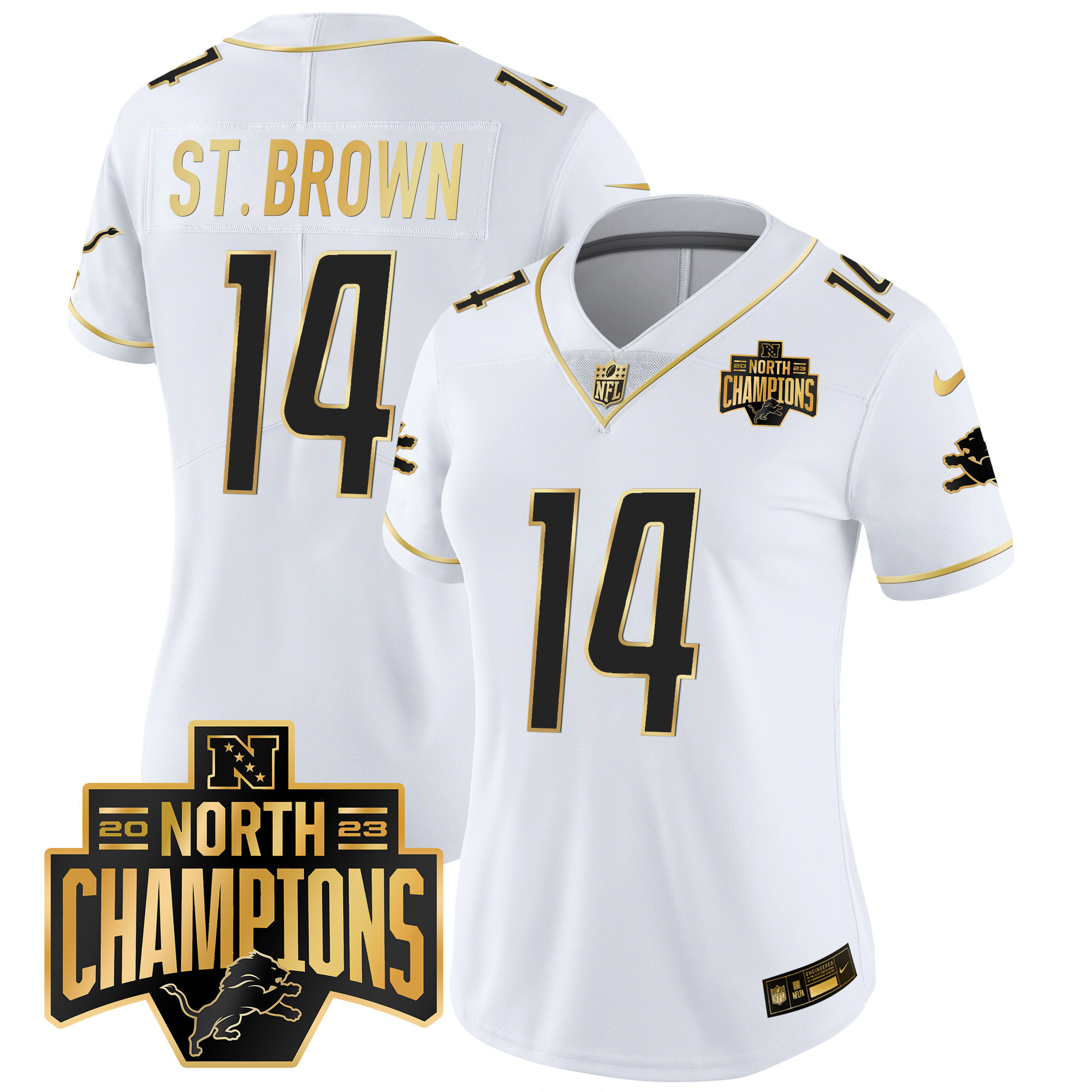St. Brown Women's Detroit Lions 2023 NFC North Division Champions Patch Vapor Gold White Gold Jersey - All Stitched 