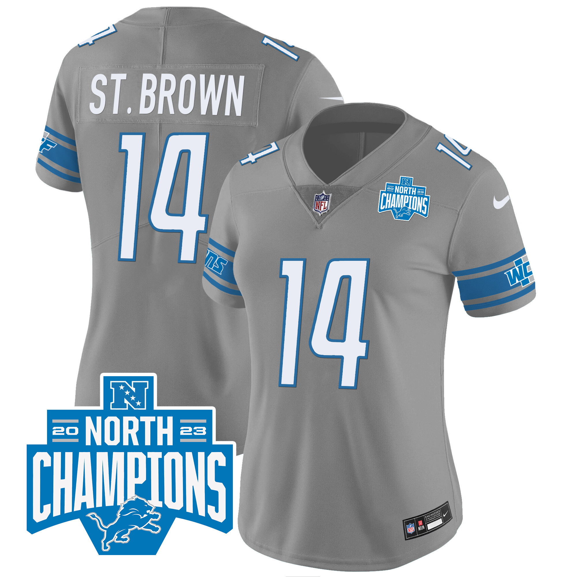 St. Brown Women's Detroit Lions 2023 NFC North Division Champions Patch Vapor Gray Jersey - All Stitched 