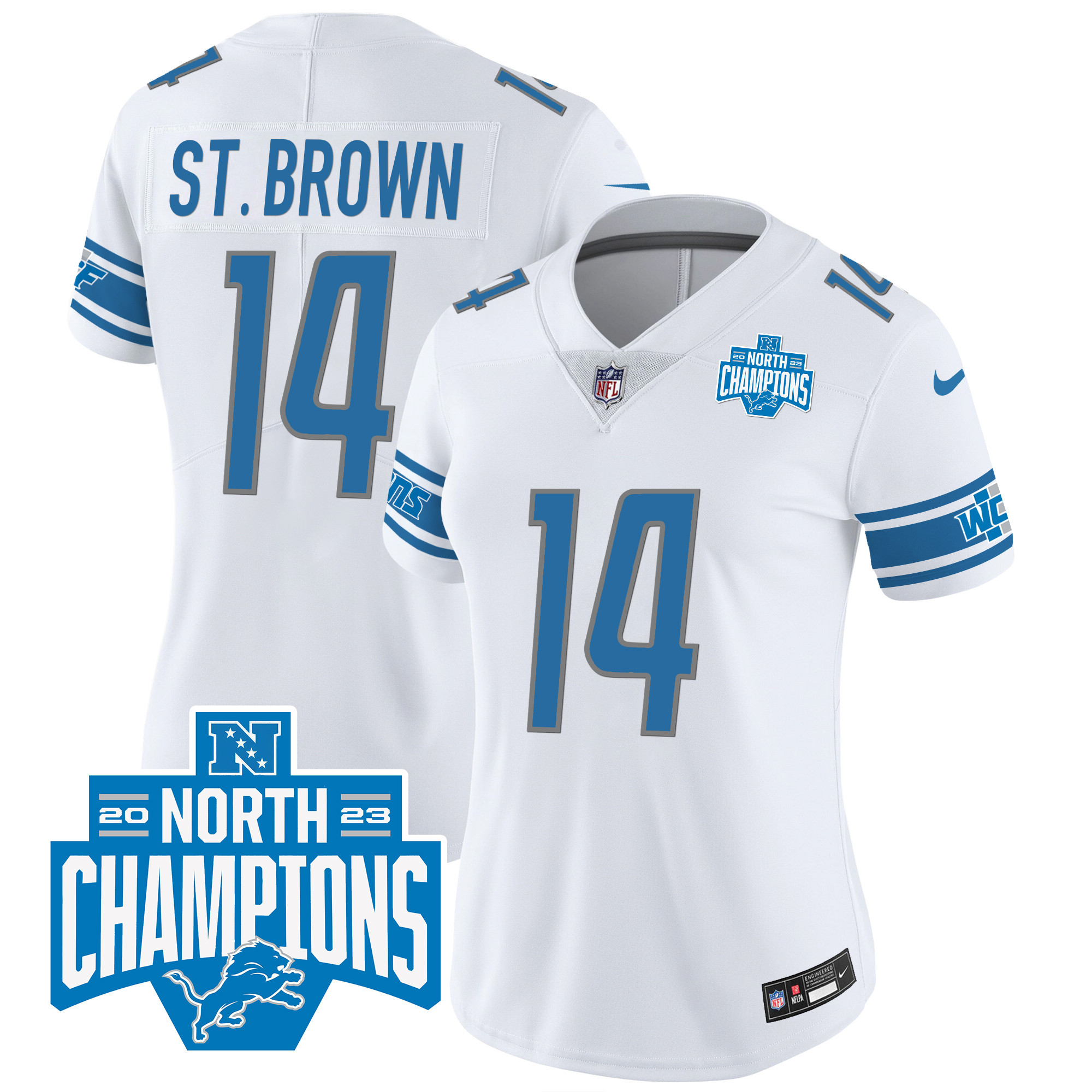 St. Brown Women's Detroit Lions 2023 NFC North Division Champions Patch Vapor White Jersey - All Stitched 