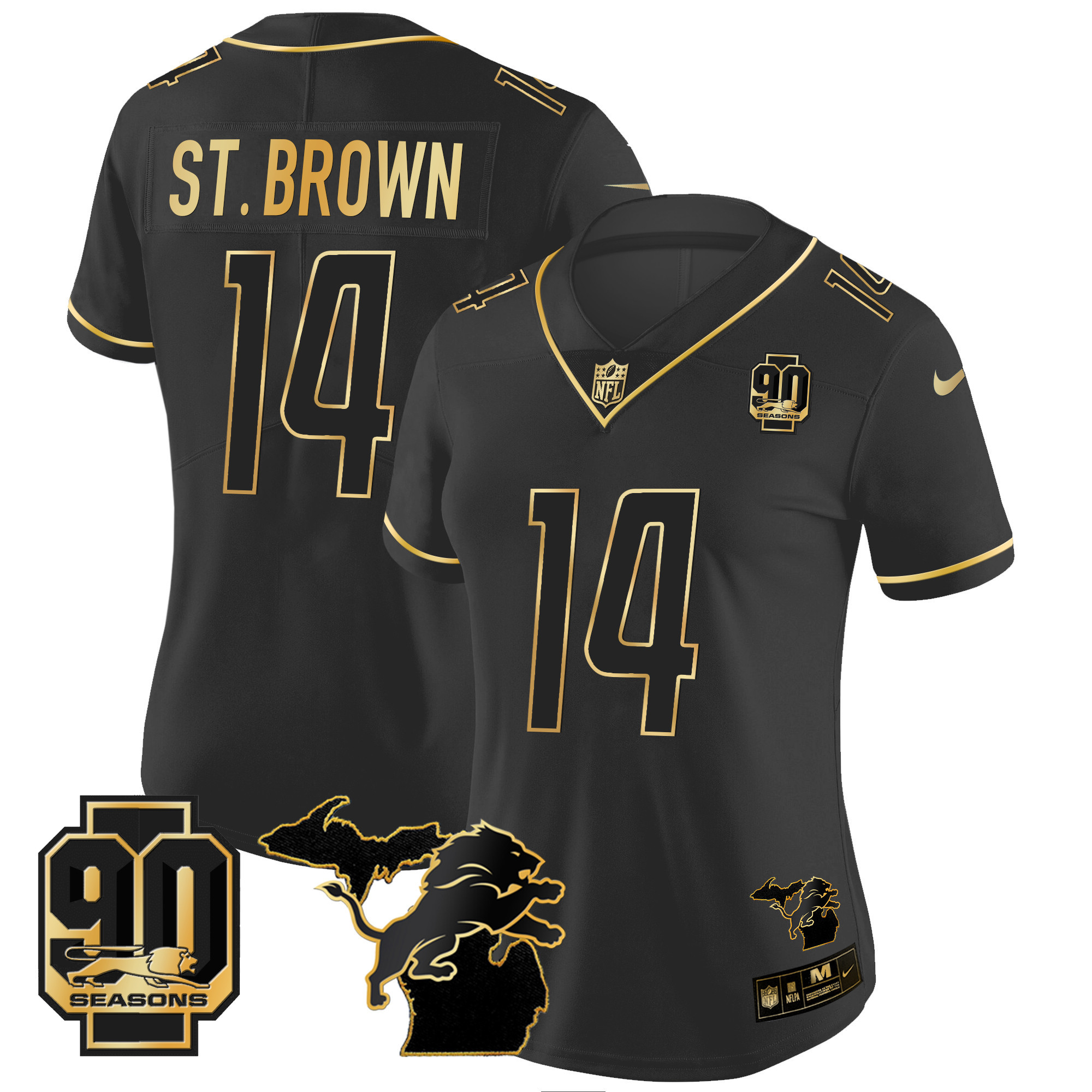 St. Brown Women's Detroit Lions 90th Year & Michigan Patch Gold Vapor Black Gold Jersey - All Stitched 