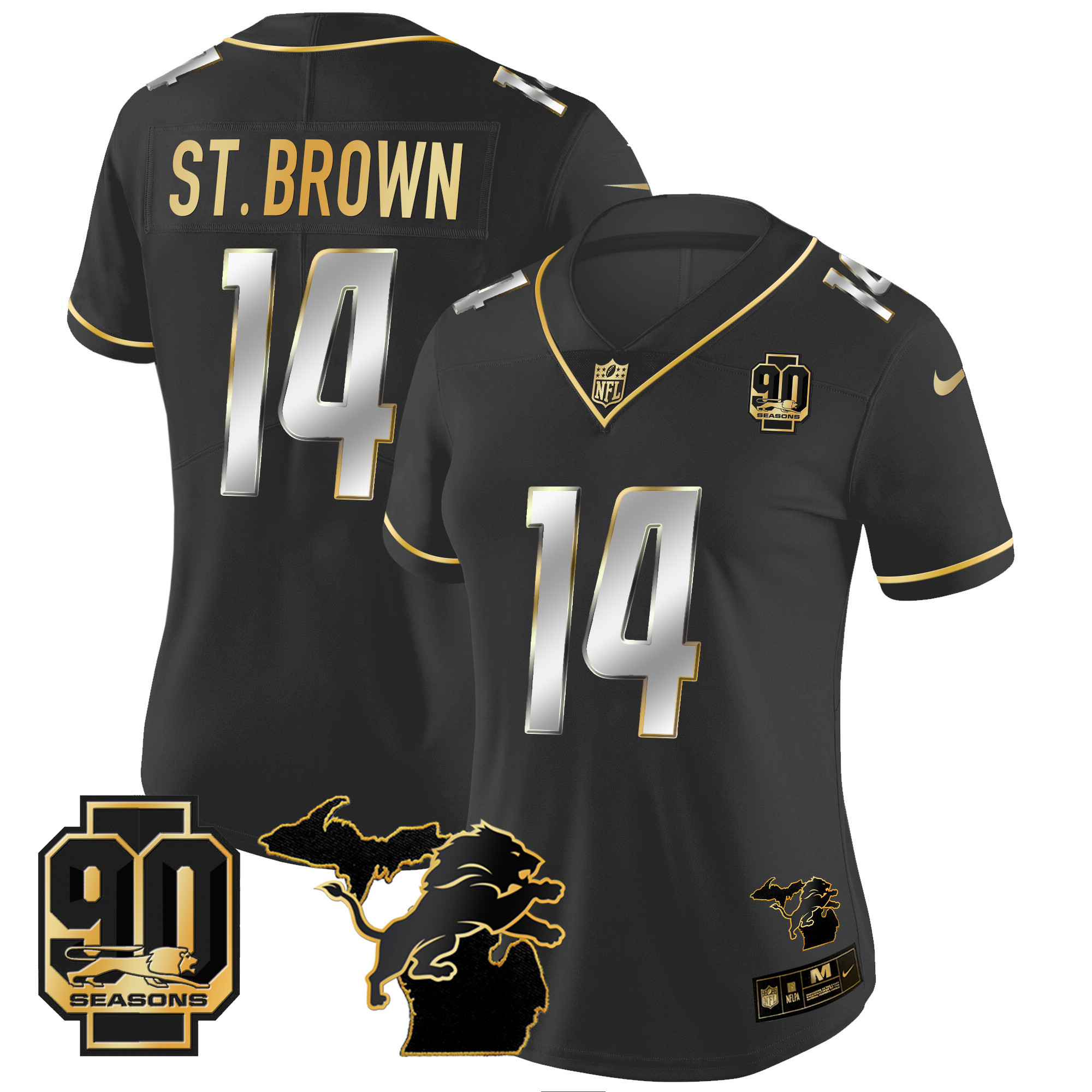 St. Brown Women's Detroit Lions 90th Year & Michigan Patch Gold Vapor Black Limited Jersey - All Stitched 