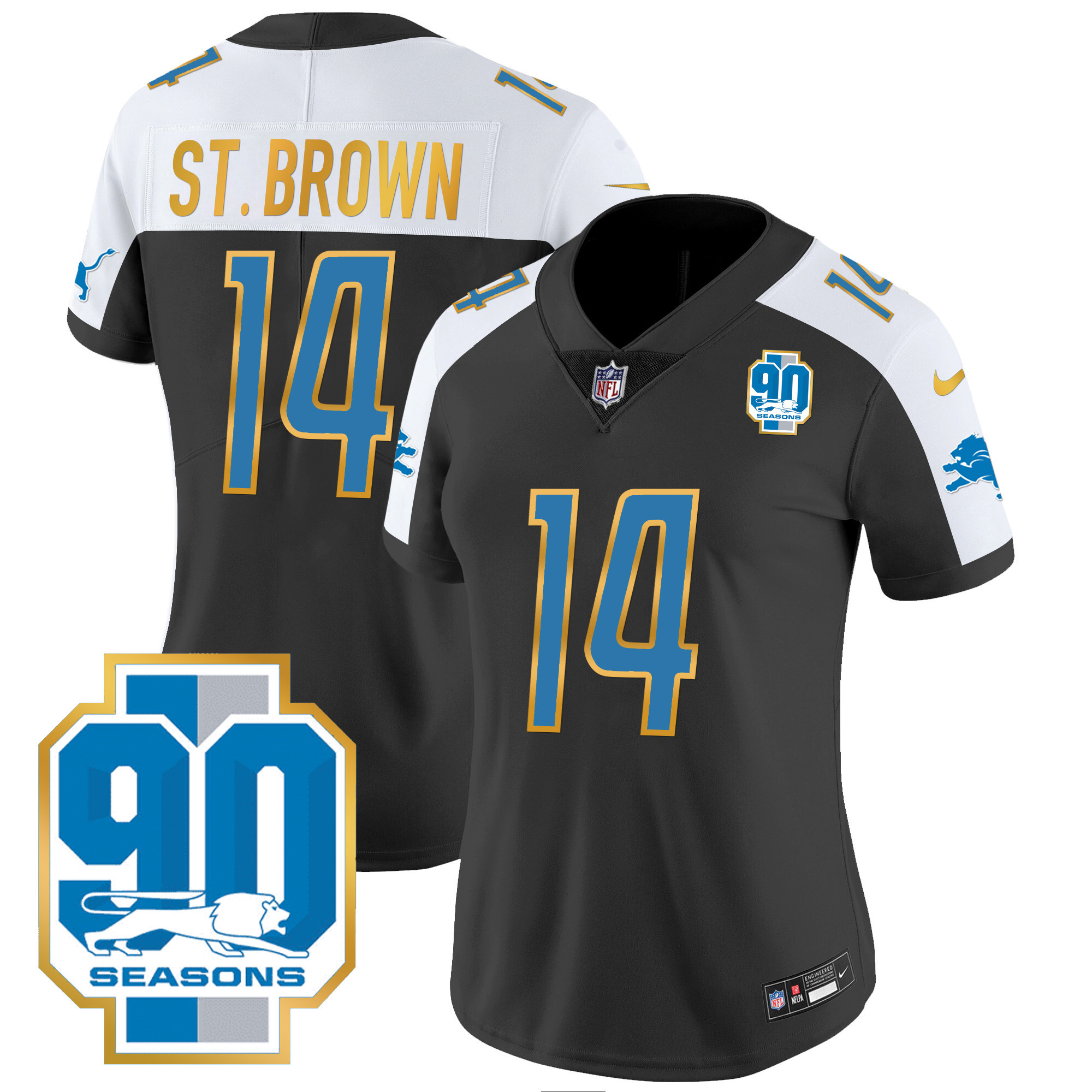 St. Brown Women's Detroit Lions 90th Year Patch Gold Trim Black Alternate Jersey - All Stitched 
