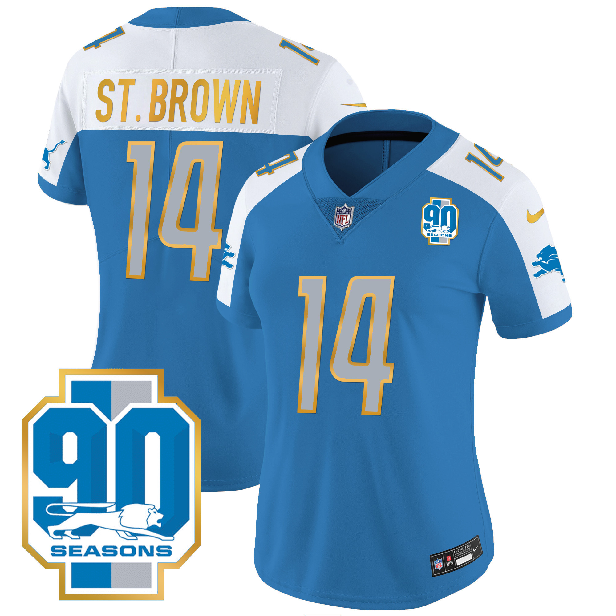 St. Brown Women's Detroit Lions 90th Year Patch Gold Trim Blue Alternate Jersey - All Stitched 