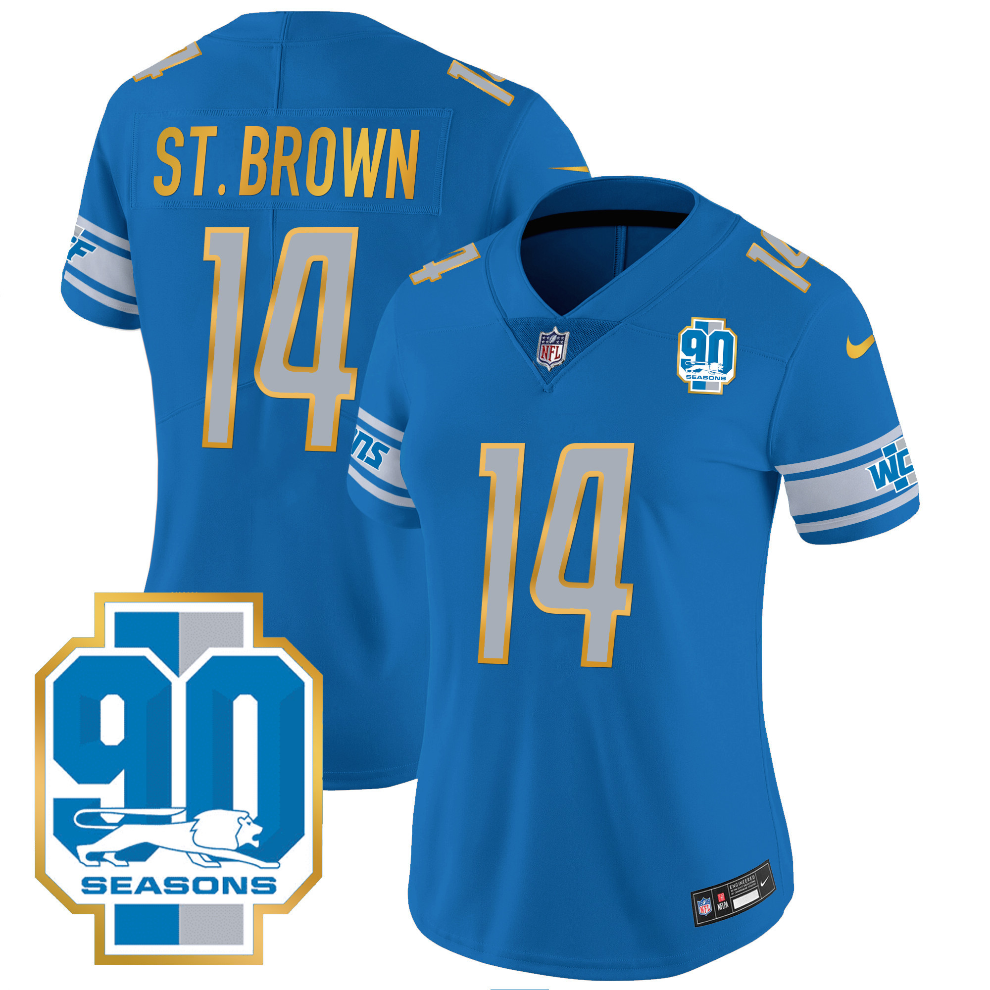 St. Brown Women's Detroit Lions 90th Year Patch Gold Trim Blue Jersey - All Stitched 