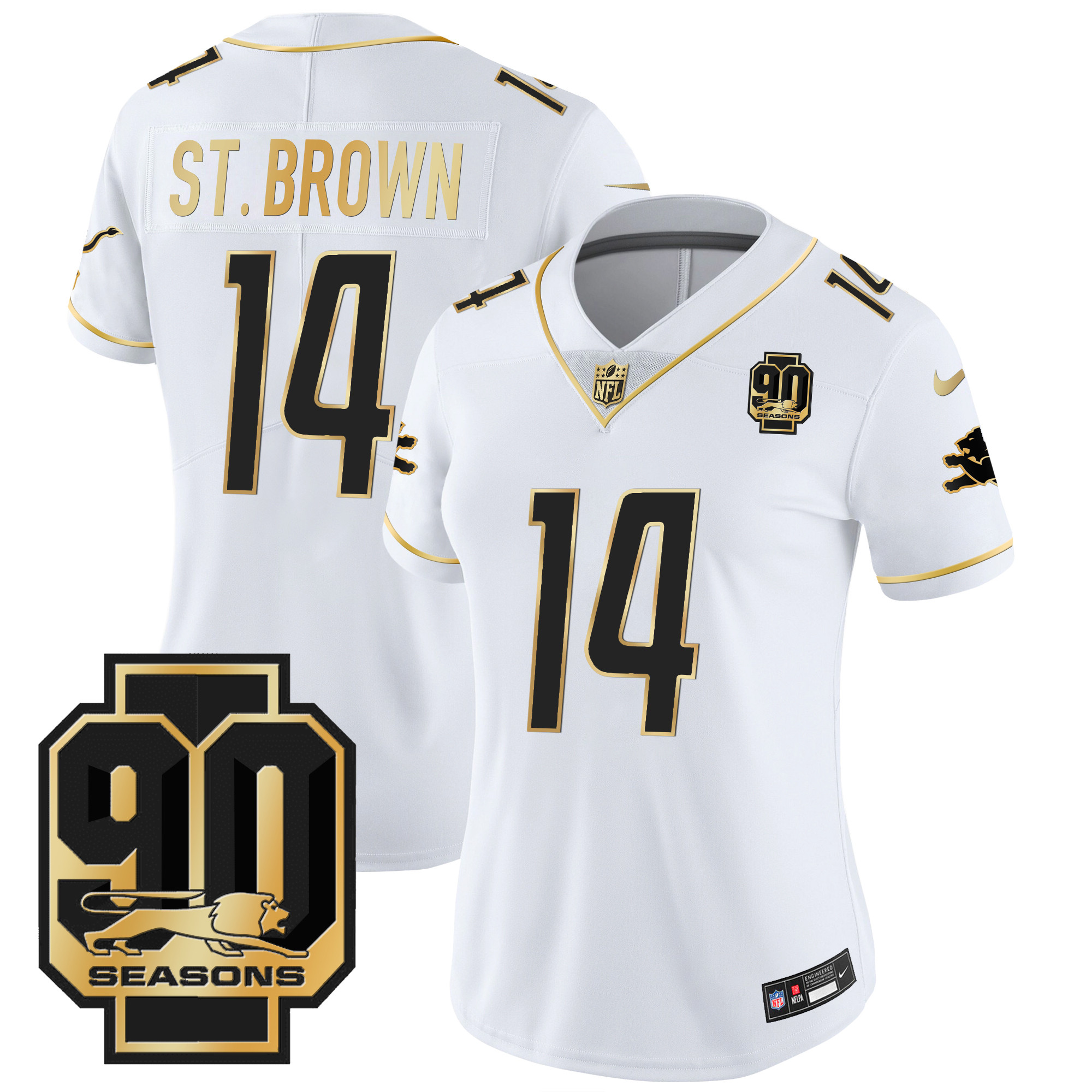 St. Brown Women's Detroit Lions 90th Year Patch Gold White Gold Jersey - All Stitched 