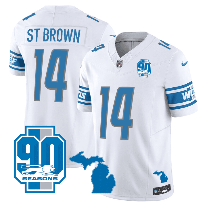 St Brown Men's Detroit Lions Michigan State & 90th Year Patch White Jersey - All Stitched 