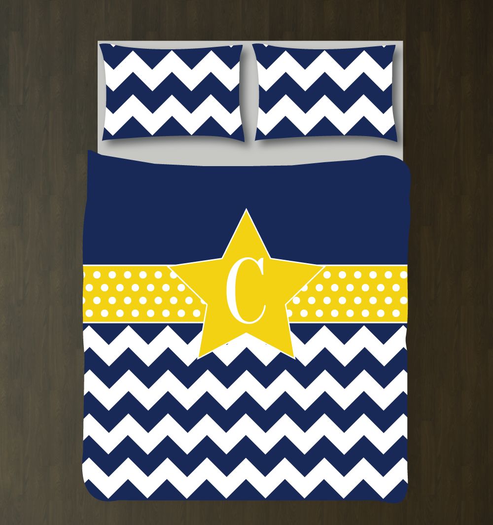 Star Chevron And Dot With Monogrammed Initial Customized Navy Blue, Yellow And White Duvet Cover Bedding Set