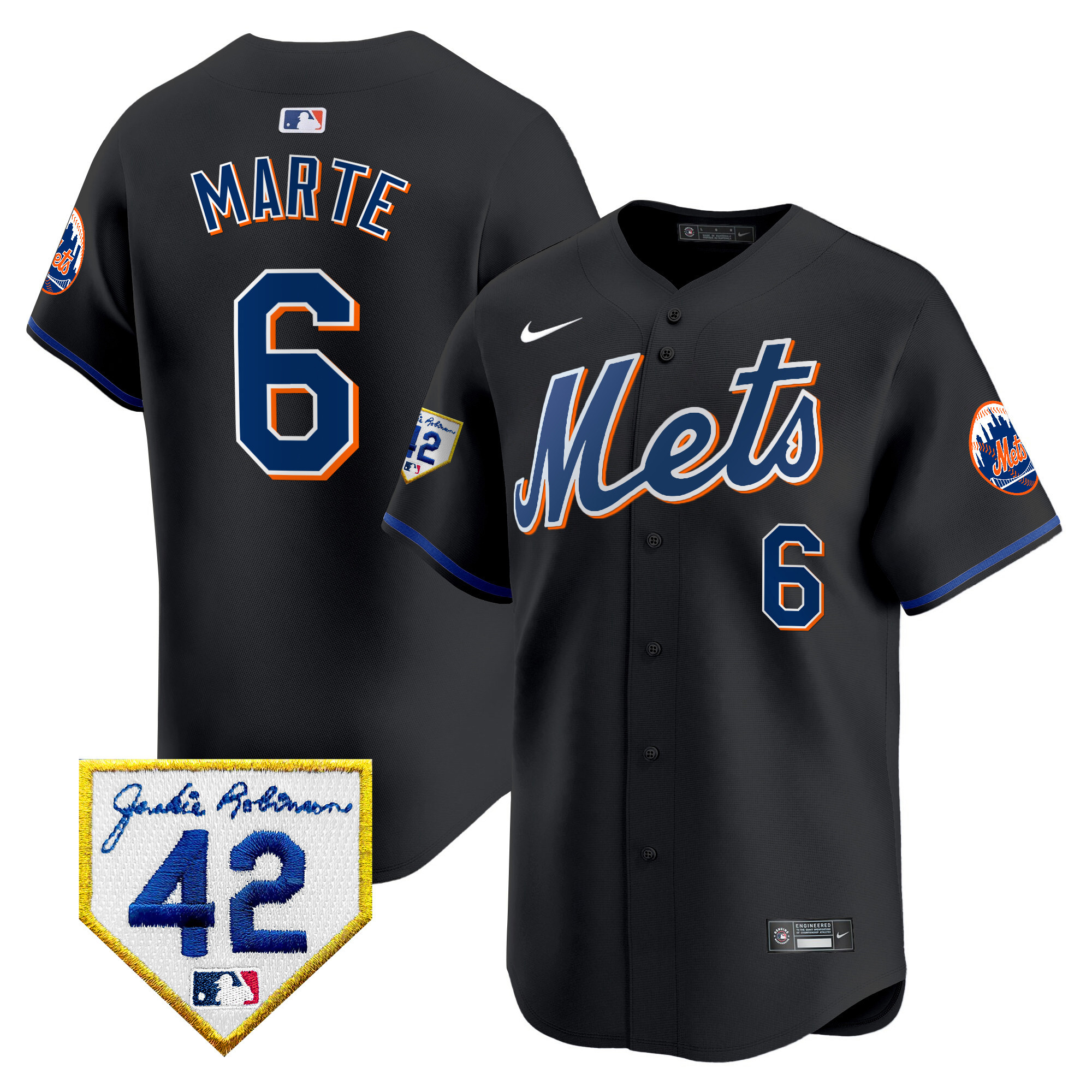 Starling Marte Men's New York Mets 2024 Jackie Robinson Patch Vapor Premier Limited Black Jersey - All Stitched