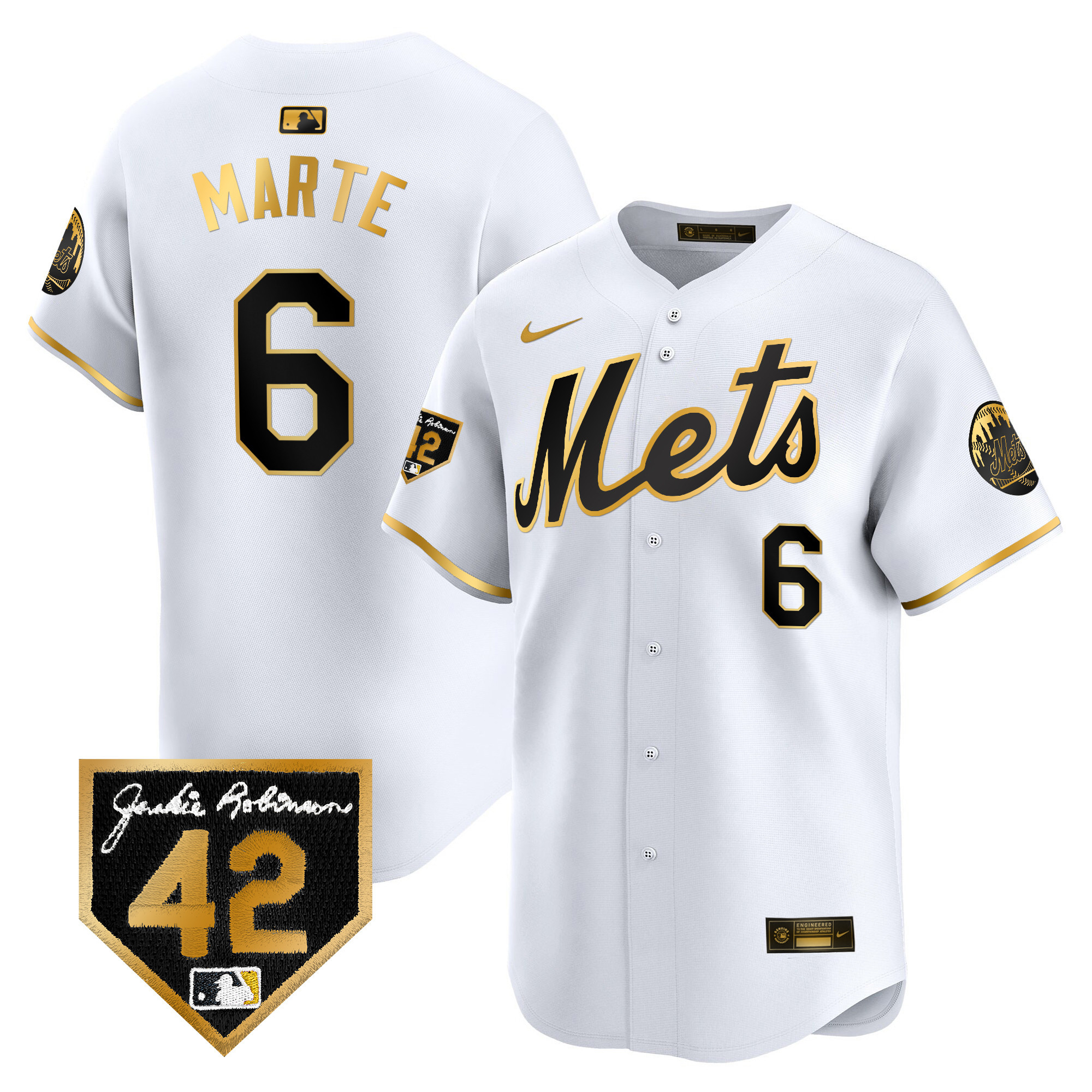 Starling Marte Men's New York Mets 2024 Jackie Robinson Patch Vapor Premier Limited White Gold Jersey - All Stitched