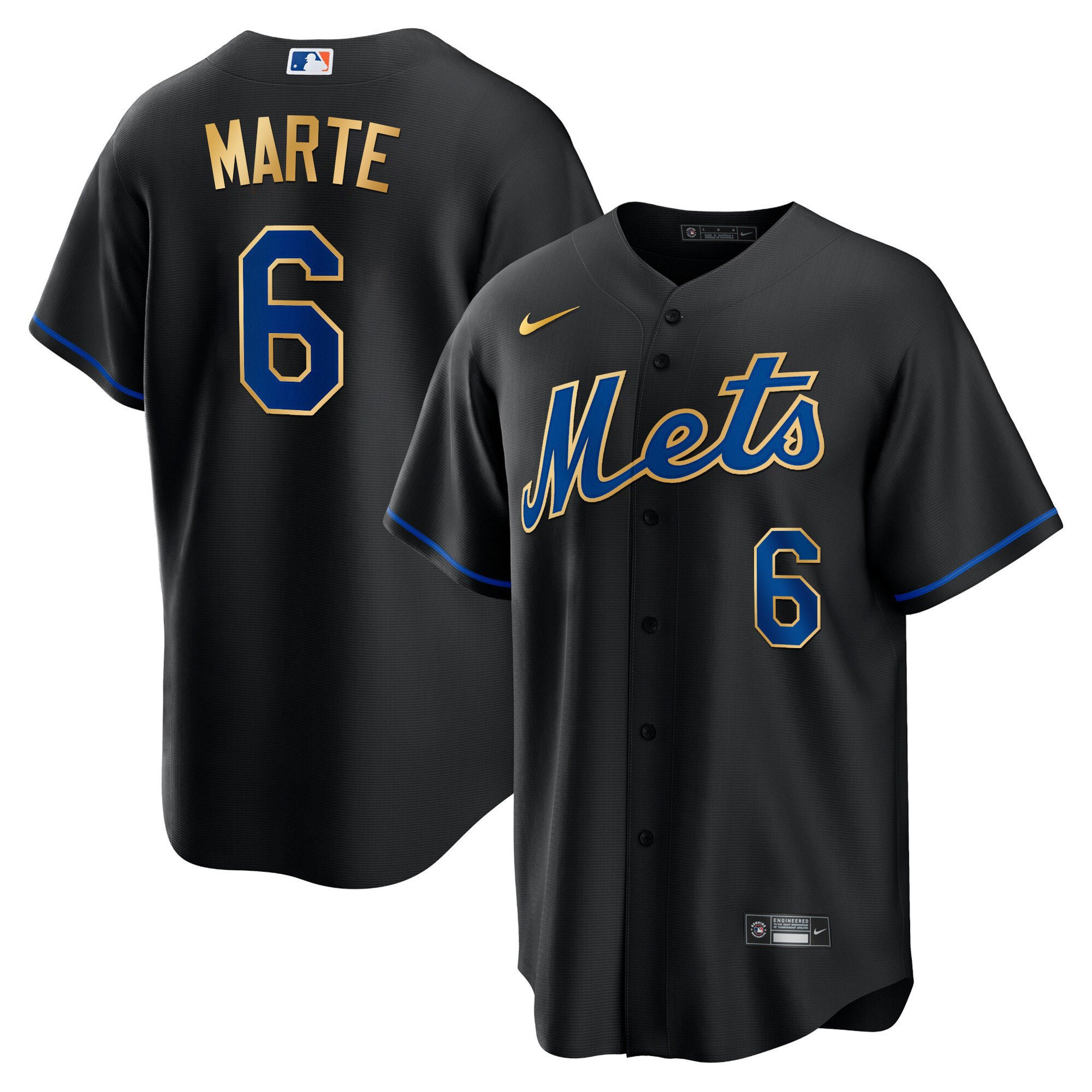 Starling Marte Men's New York Mets Gold Trim Cool Black Jersey - All Stitched