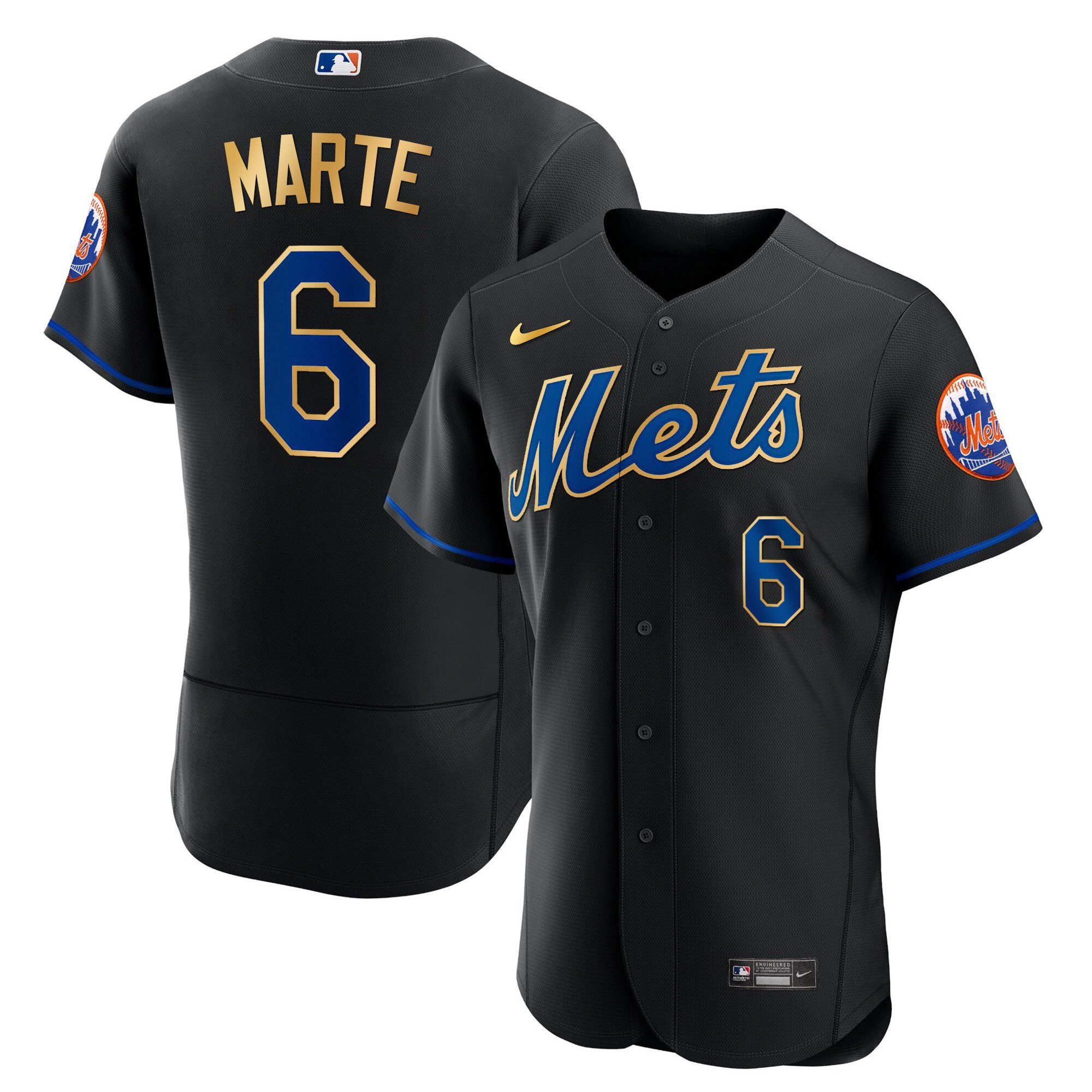 Starling Marte Men's New York Mets Gold Trim Flex Black Jersey - All Stitched
