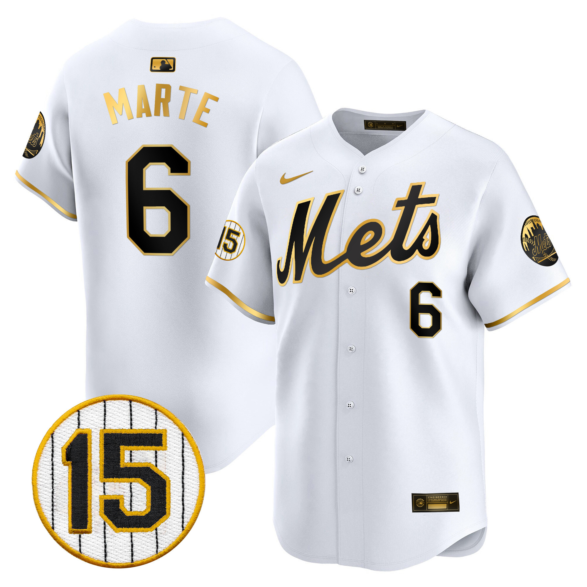 Starling Marte Men's New York Mets Jerry Grote Patch Vapor Premier Limited White Gold Jersey - All Stitched