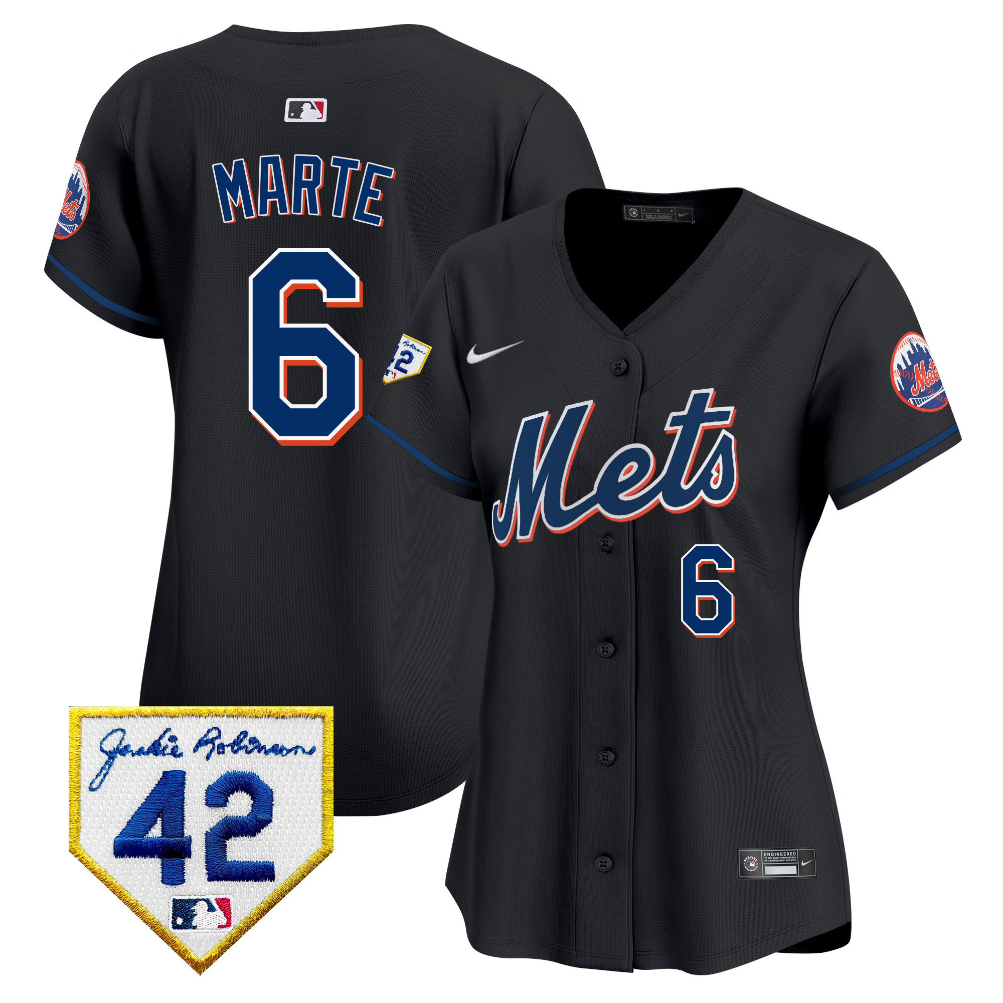 Starling Marte Women's New York Mets 2024 Jackie Robinson Patch Vapor Premier Limited Black Jersey - All Stitched