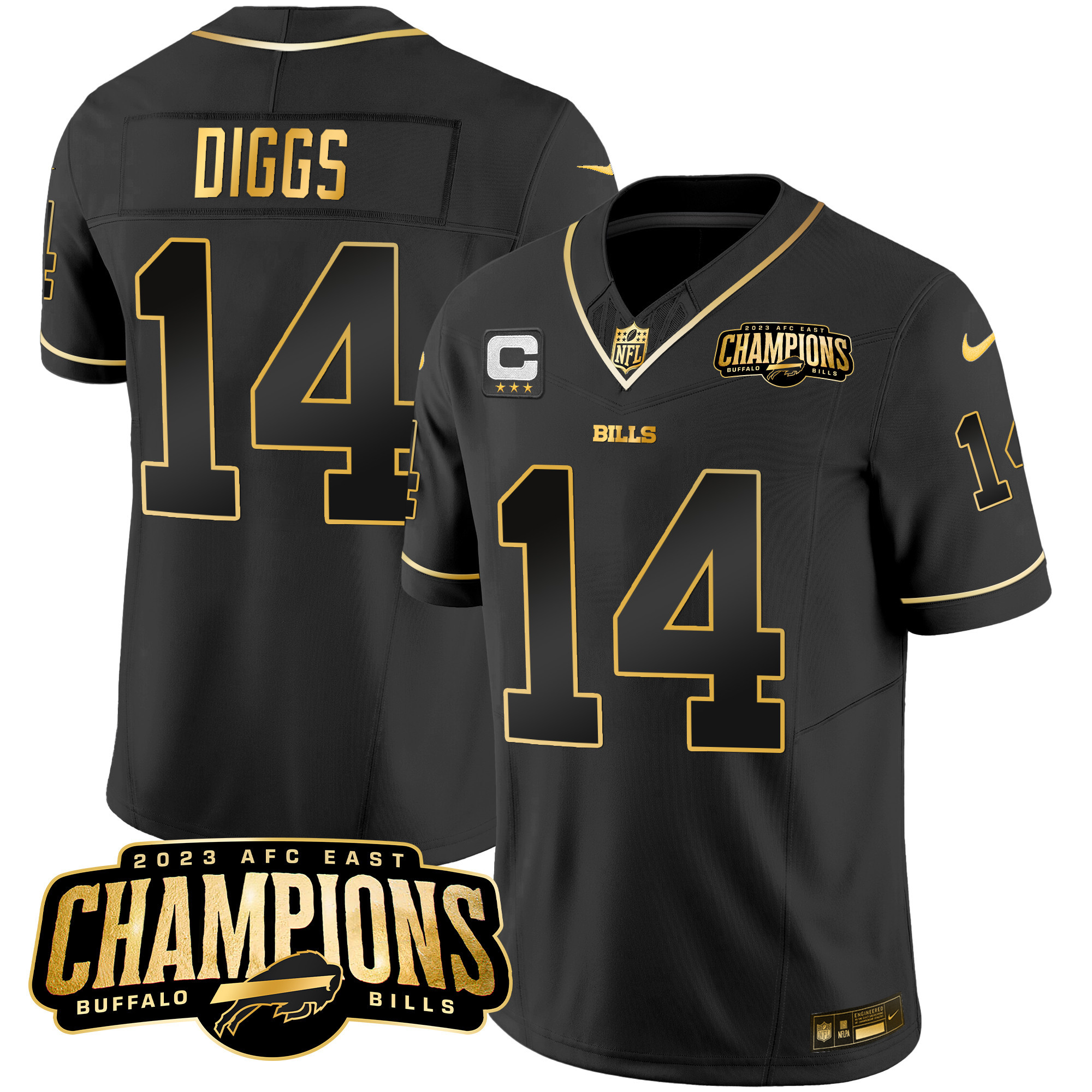 Stefon Diggs Men's Buffalo Bills 2023 AFC East Champions Patch Gold Vapor Black Gold Jersey - All Stitched 