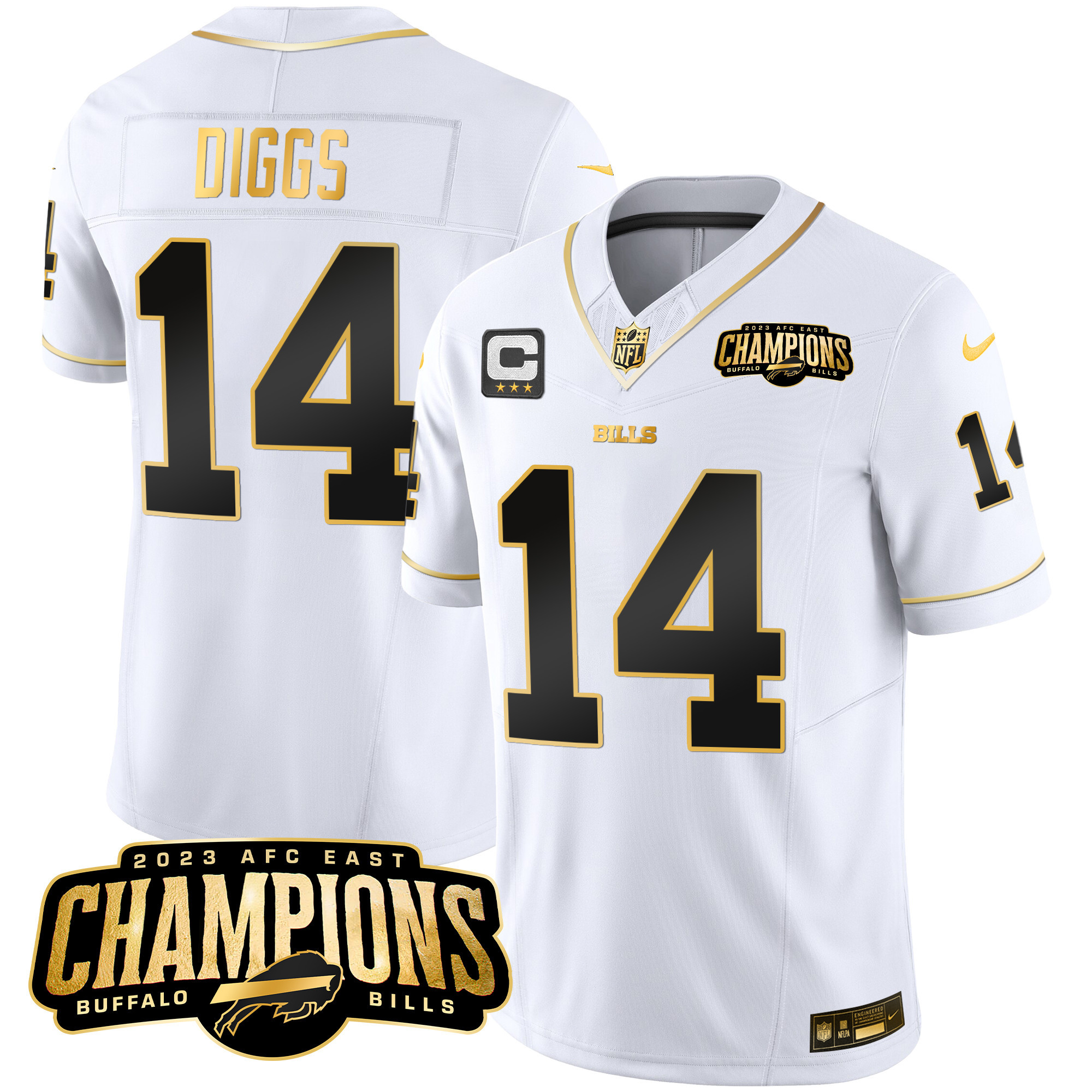 Stefon Diggs Men's Buffalo Bills 2023 AFC East Champions Patch Gold Vapor White Gold Jersey - All Stitched 
