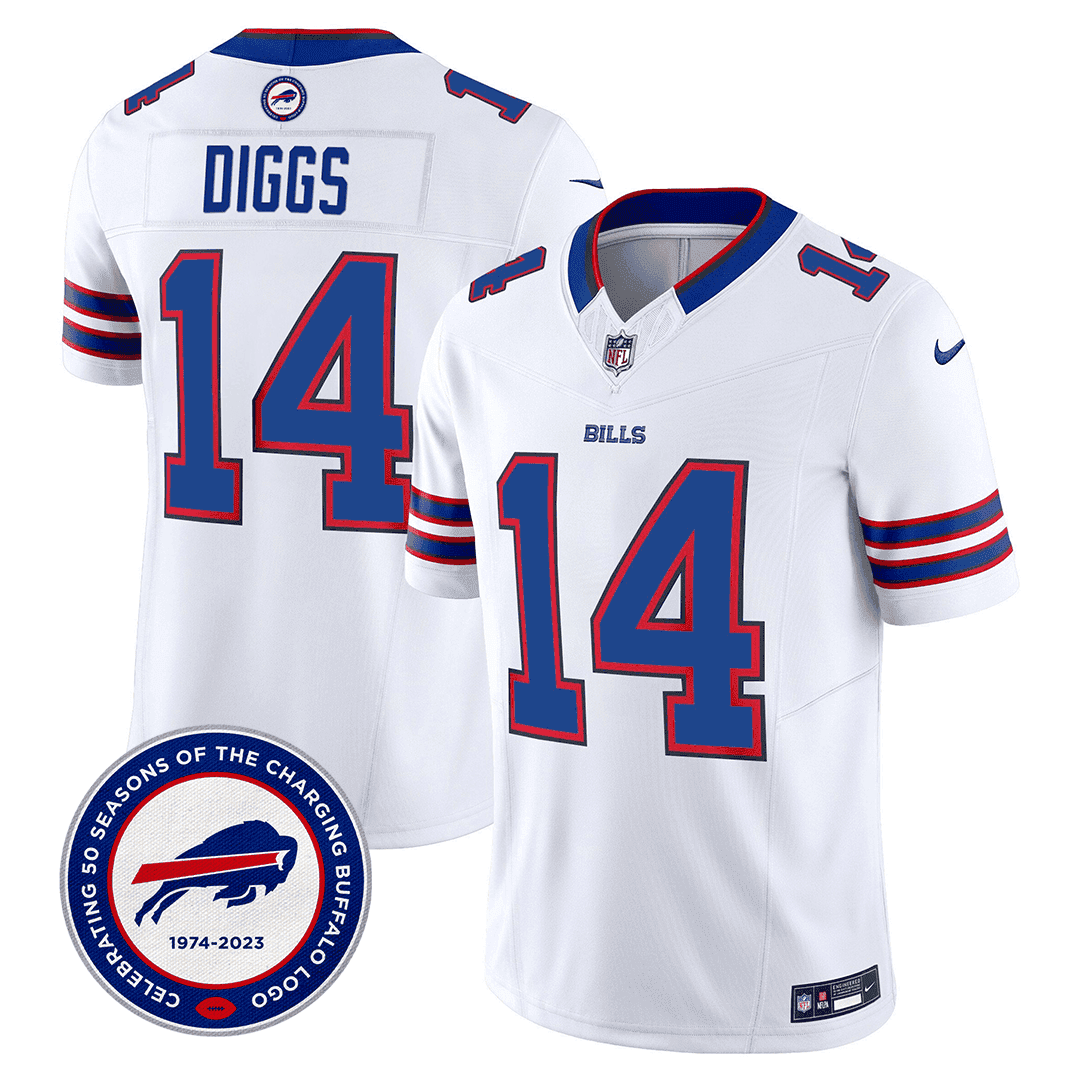 Stefon Diggs Men's Buffalo Bills 50th Charging Logo Patch Vapor Limited White Jersey - All Stitched 