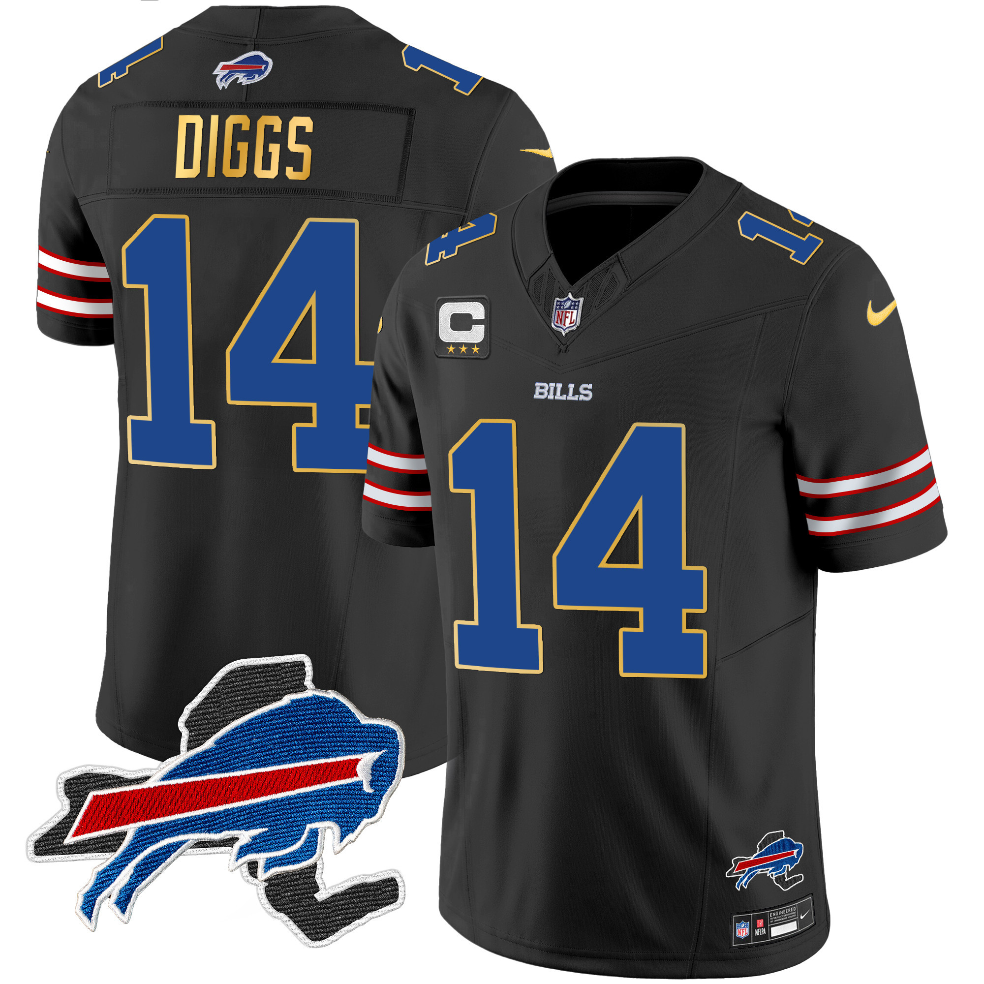 Stefon Diggs Men's Buffalo Bills New York Patch Gold Trim Vapor Black Jersey - All Stitched 