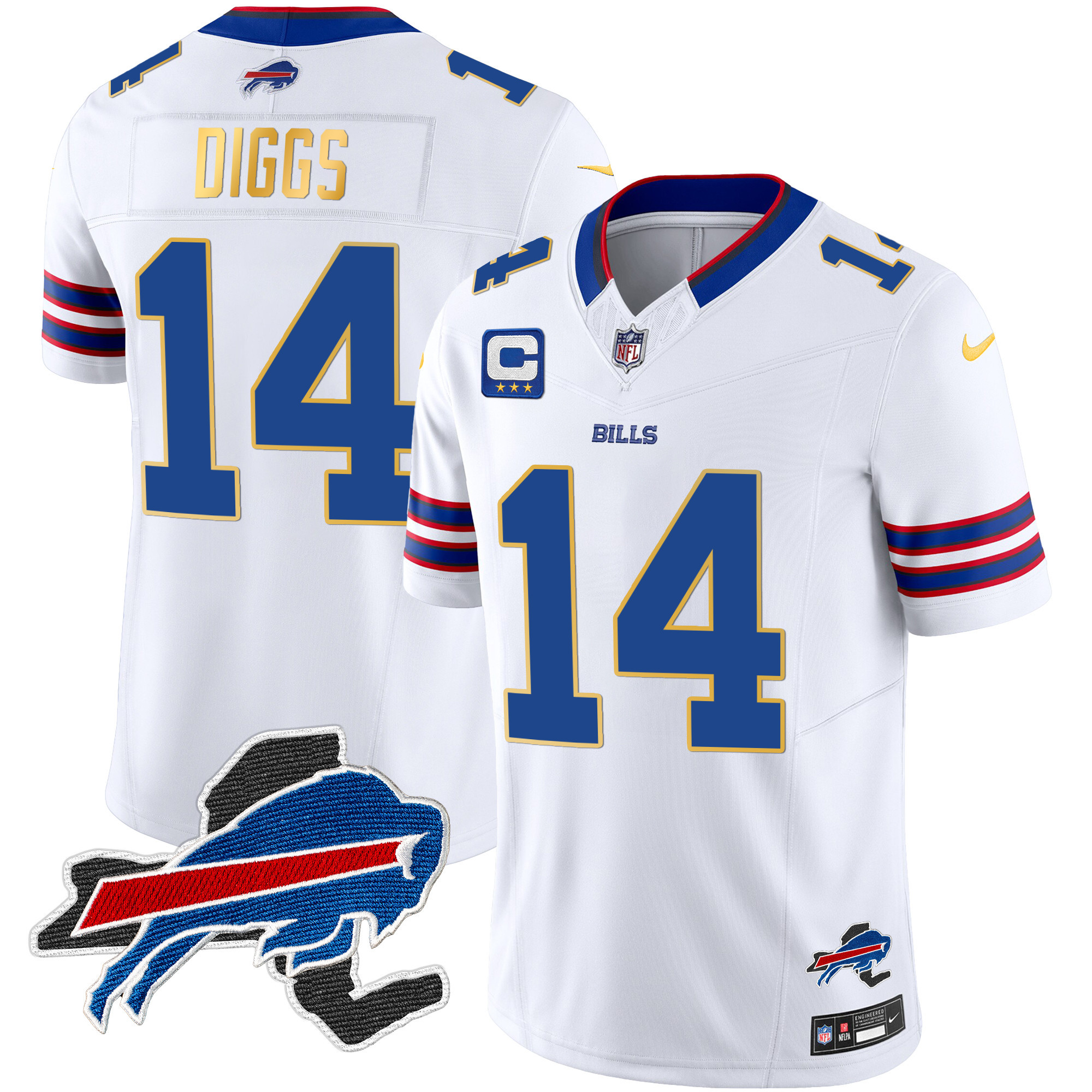 Stefon Diggs Men's Buffalo Bills New York Patch Gold Trim Vapor White Jersey - All Stitched 