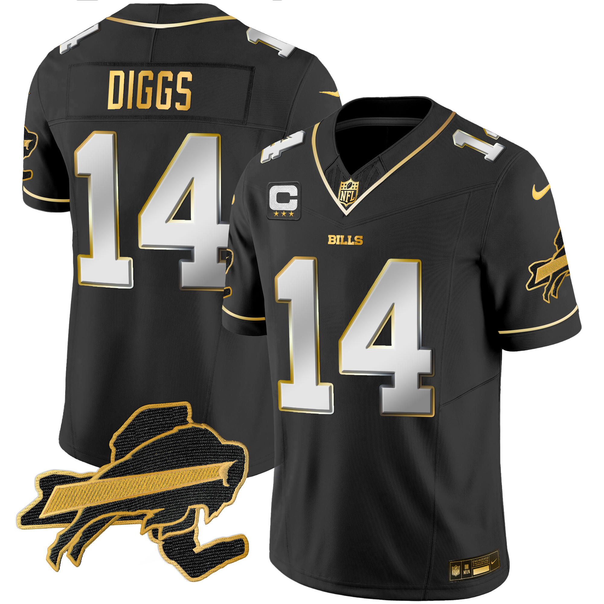 Stefon Diggs Men's Buffalo Bills New York Patch Gold Vapor Limited Black Limited Jersey - All Stitched 