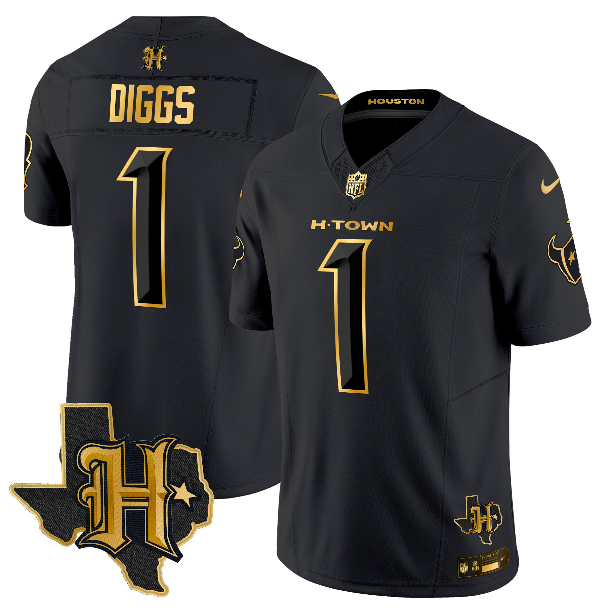 Stefon Diggs Men's Houston Texans 2024 Texas Patch Gold Vapor Limited Black Gold Jersey - All Stitched 