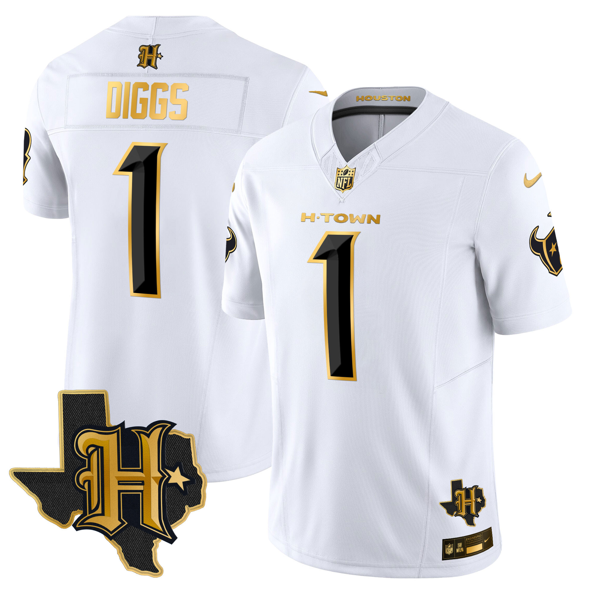 Stefon Diggs Men's Houston Texans 2024 Texas Patch Gold Vapor Limited White Gold Jersey - All Stitched 