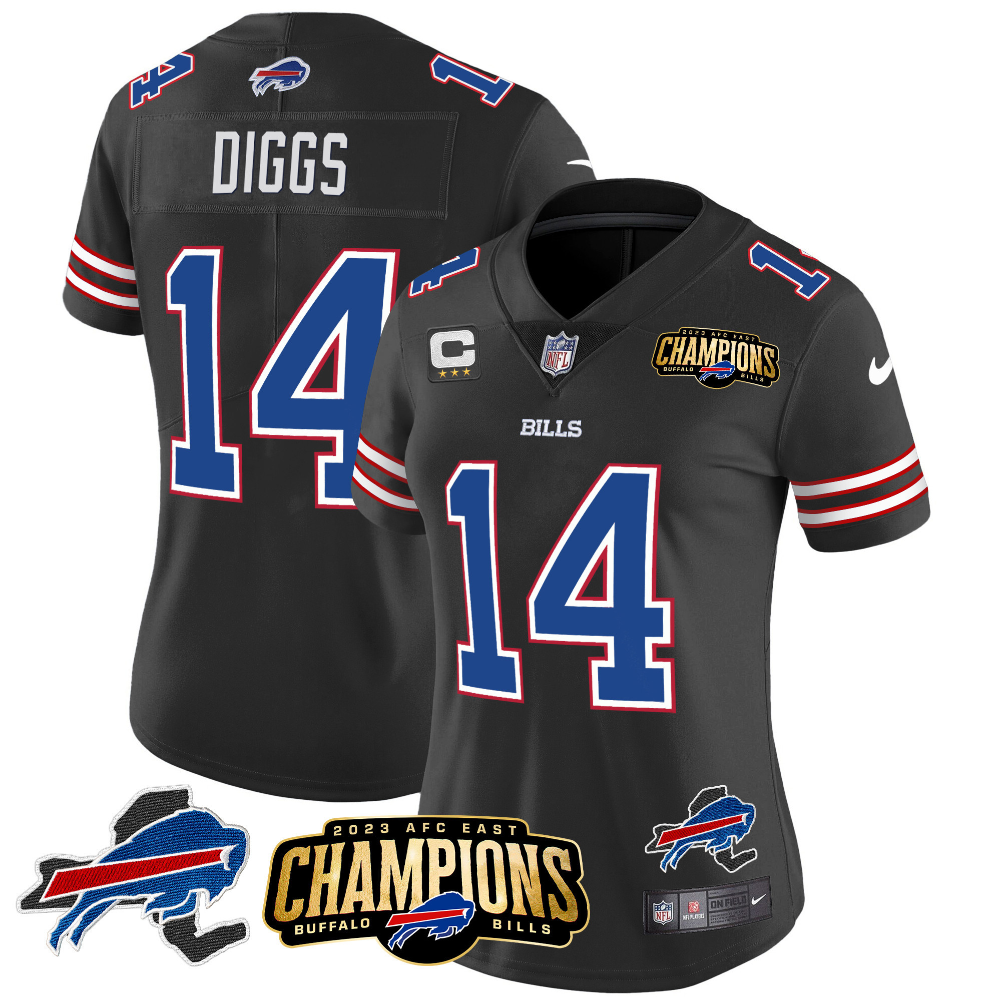 Stefon Diggs Women's Buffalo Bills 2023 AFC East Champions Patch Gold Vapor Black Jersey - All Stitched 